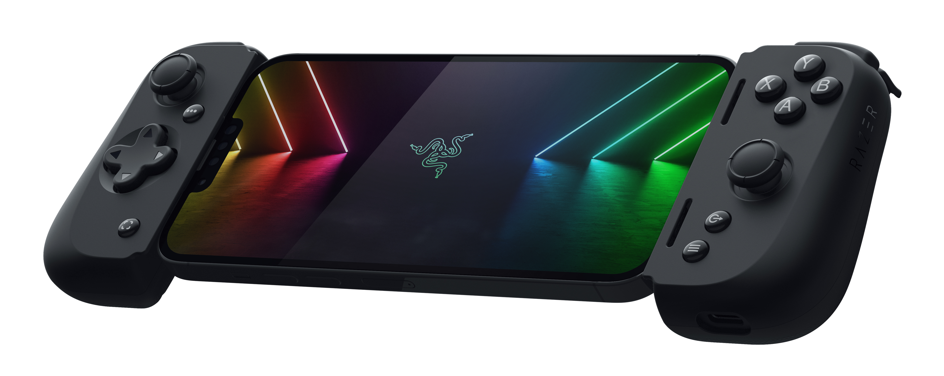 Ein schwarzes Telefon mit einem Controller auf jeder Seite. Das Telefon zeigt eine farbenfrohe Spielszene. Weißer Hintergrund.