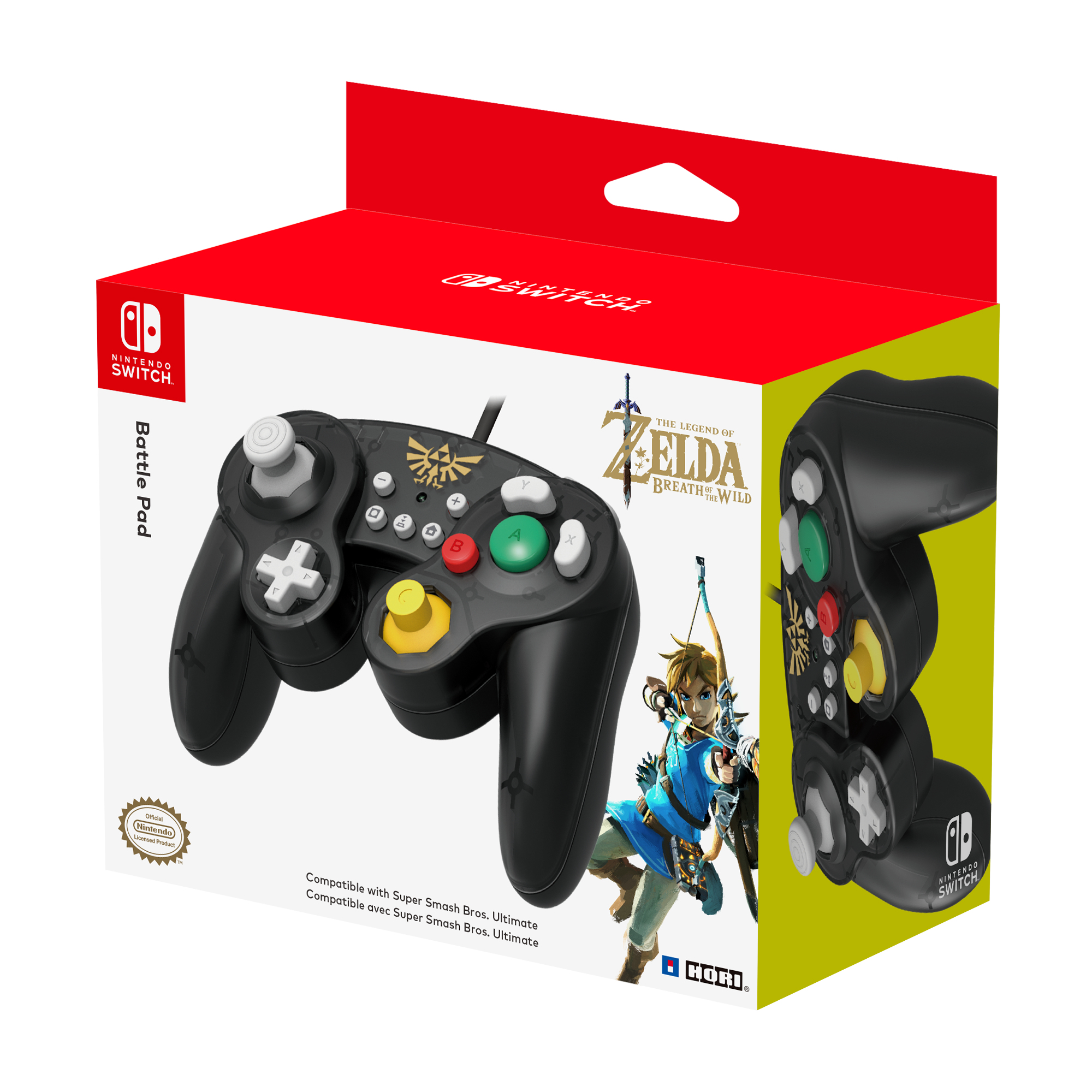 Kontroler Nintendo Switch w pudełku, z czarnym przodem i motywem Zelda.
