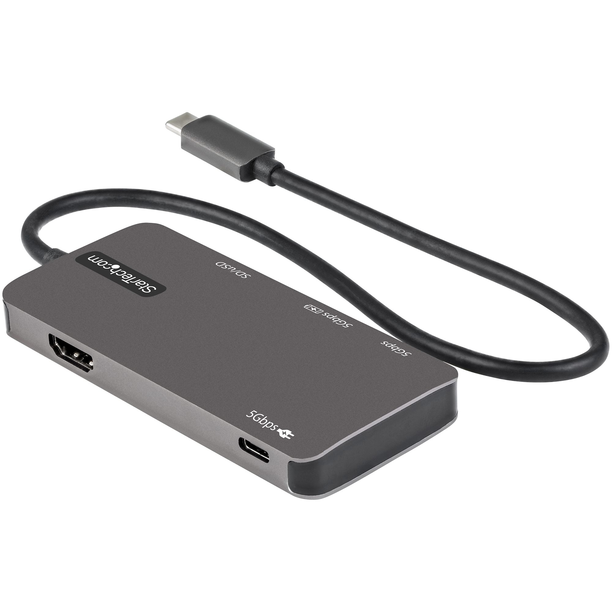 Hub USB-C gris oscuro con múltiples puertos: HDMI, SD, USB y USB-C. Cable negro.