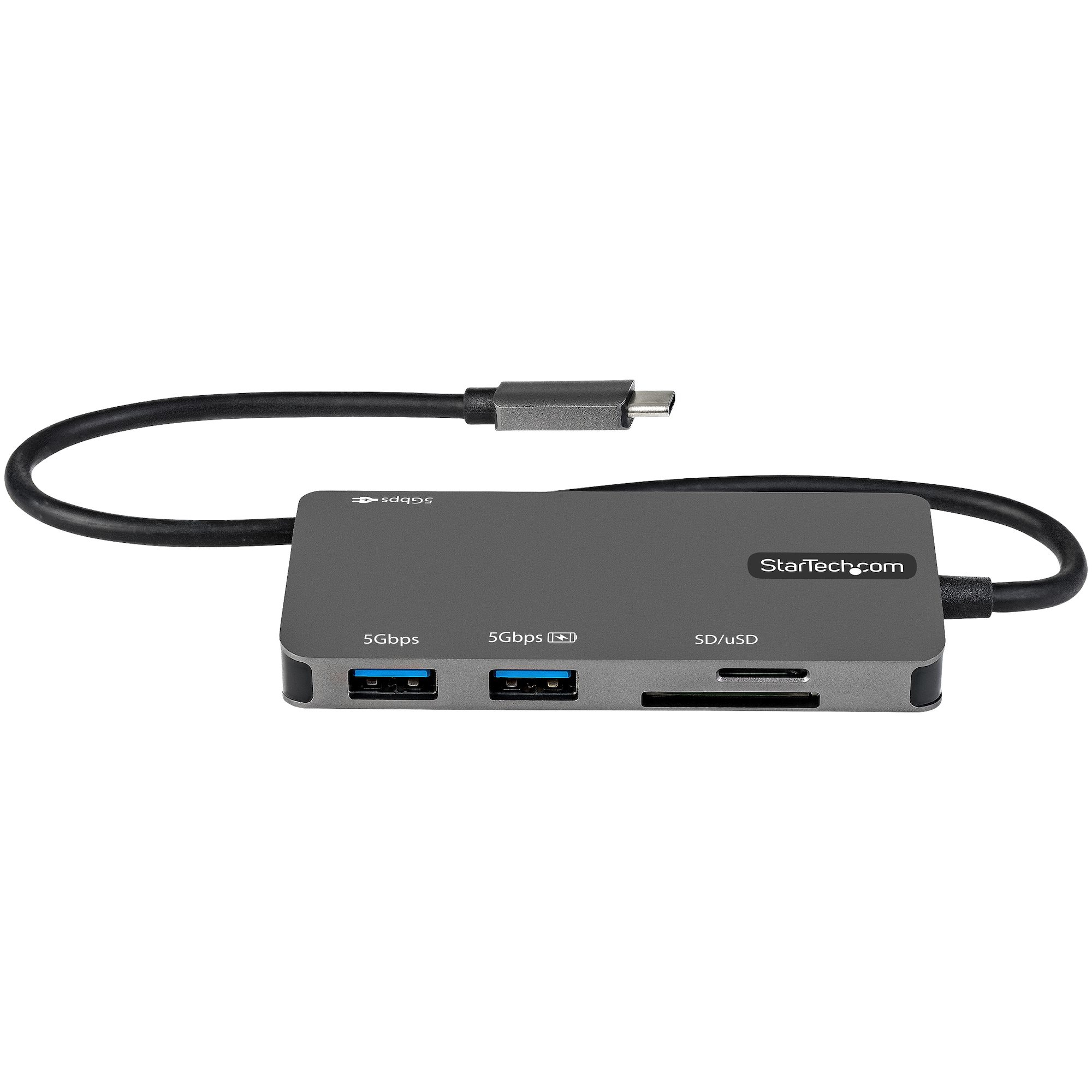 Concentrador USB gris con ranuras para USB y tarjetas SD, y un cable USB-C, sobre fondo blanco.