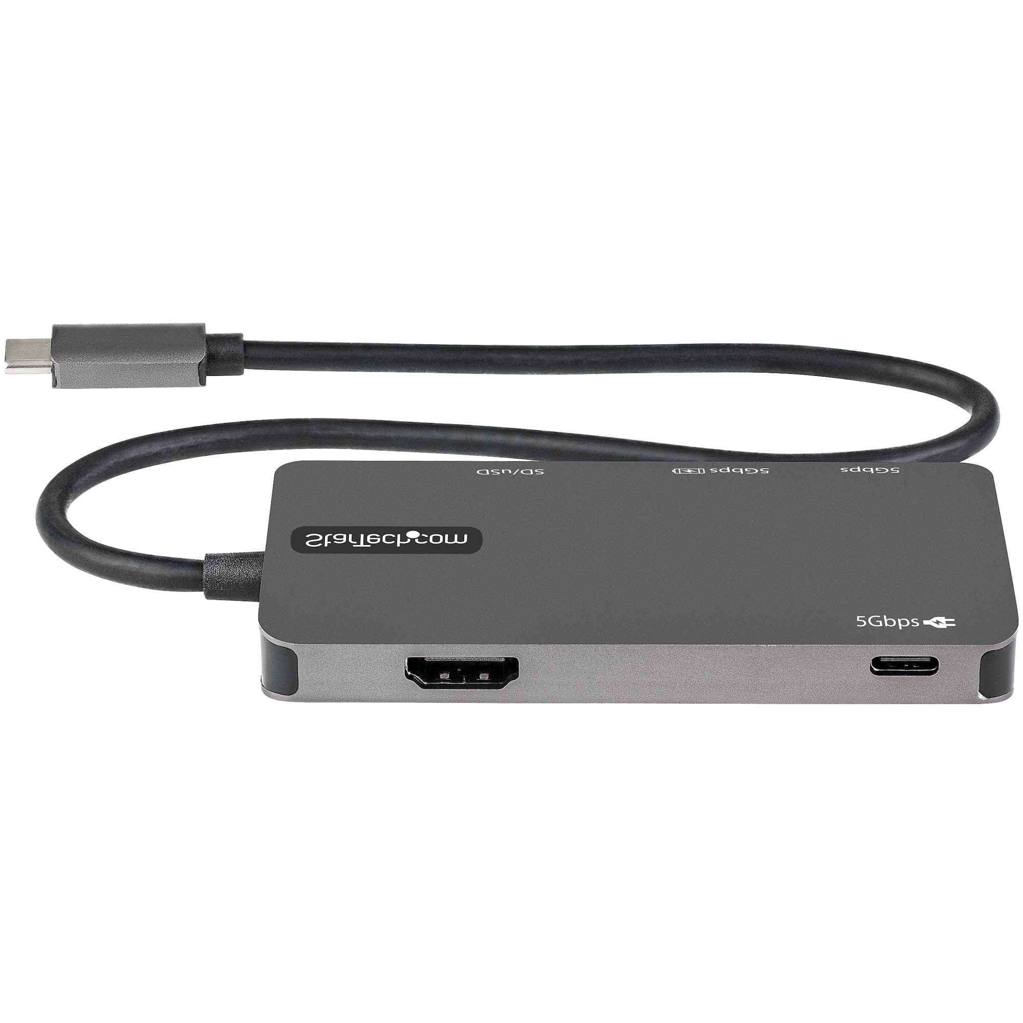 Concentrador USB-C gris oscuro con múltiples puertos: SD, USB, HDMI y USB-C. Un cable negro está adjunto.