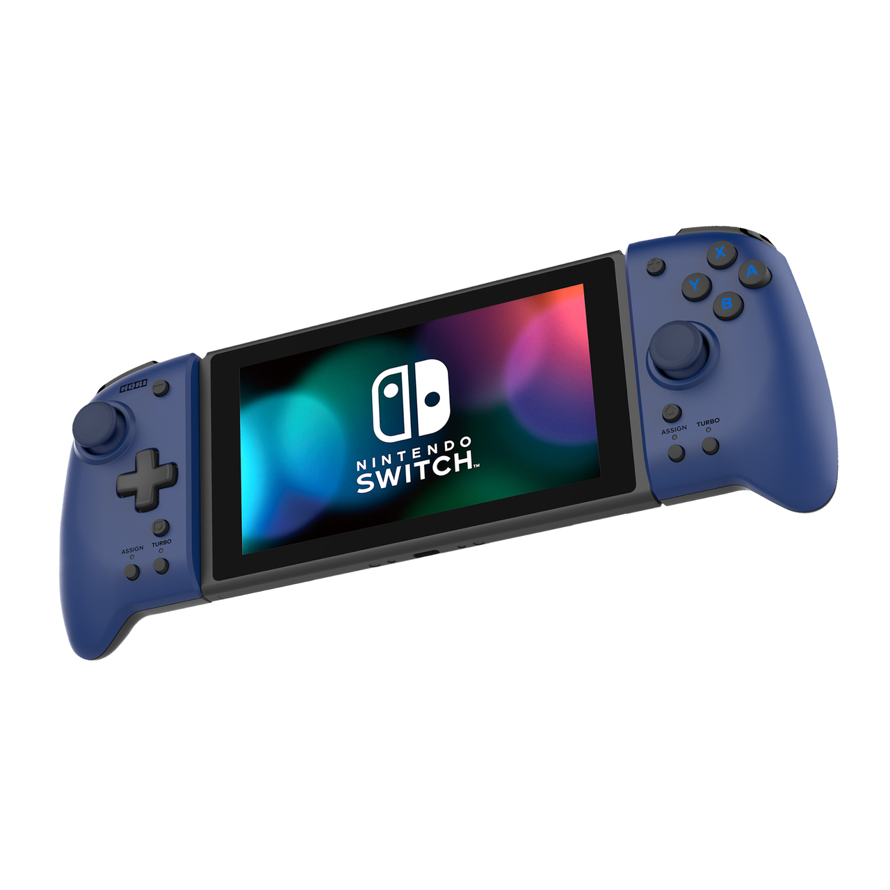 Ein blauer Nintendo Switch-Controller mit integriertem Bildschirm. Der Bildschirm zeigt das Nintendo-Logo.