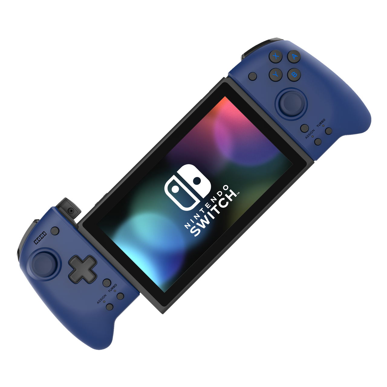 Nintendo Switch in einem blauen Hori Split Pad Pro Controller, schräge Ansicht.