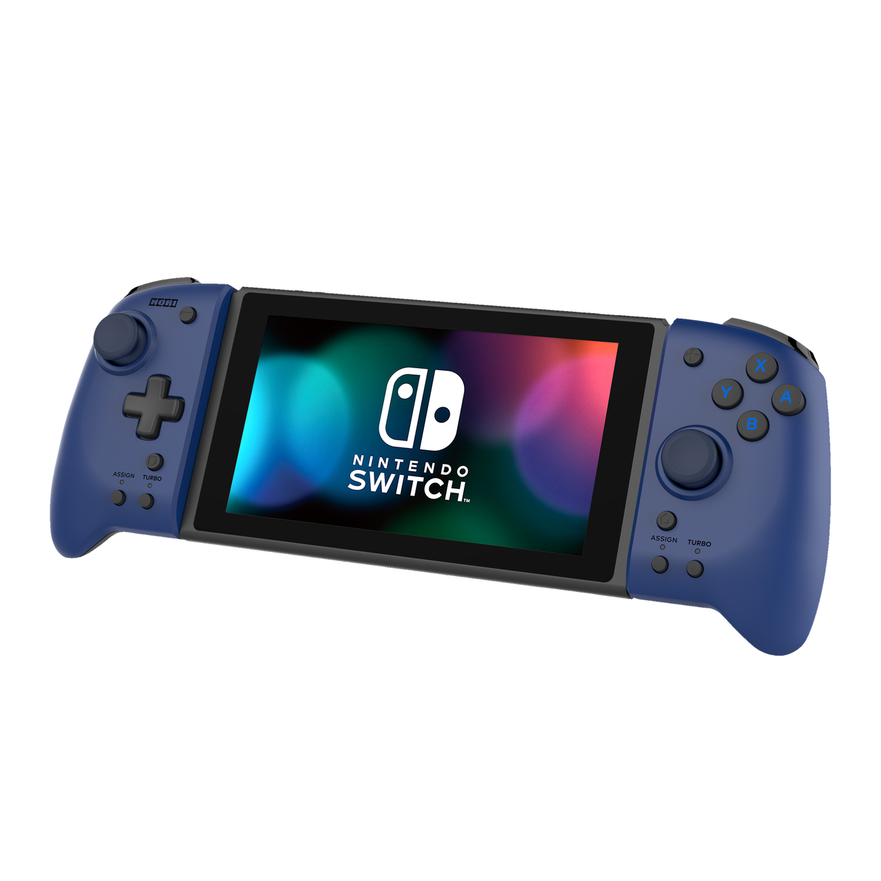 Nintendo Switch mit blauen Controllern. Der Bildschirm zeigt verschwommene Farben. Weißer Hintergrund.