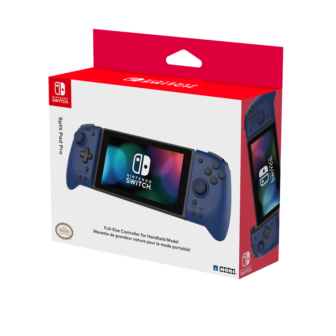 Verpackte Nintendo Switch Split Pad Pro-Controller, blau, auf weißem Hintergrund. Die Box hat ein Controller-Bild und Text.