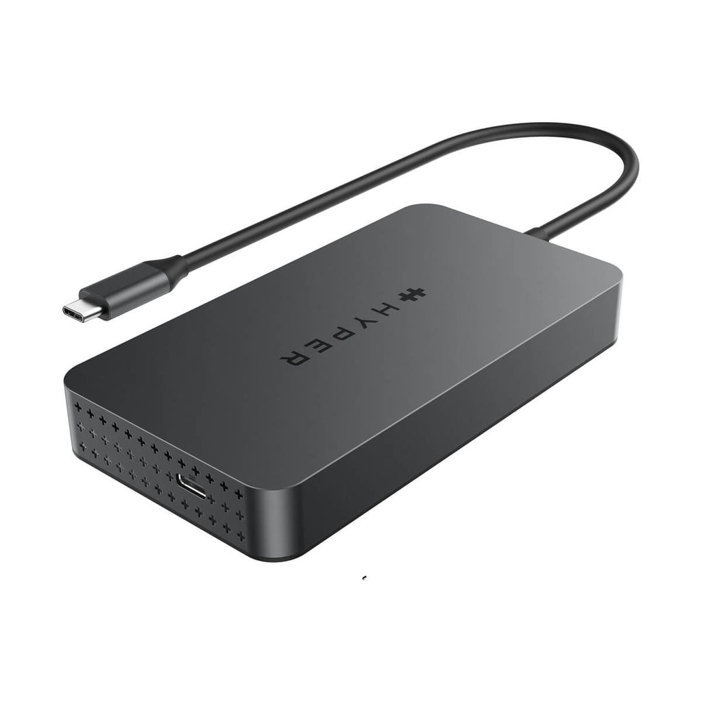 Hub Hyper nero con cavo collegato. Ha un connettore USB-C.