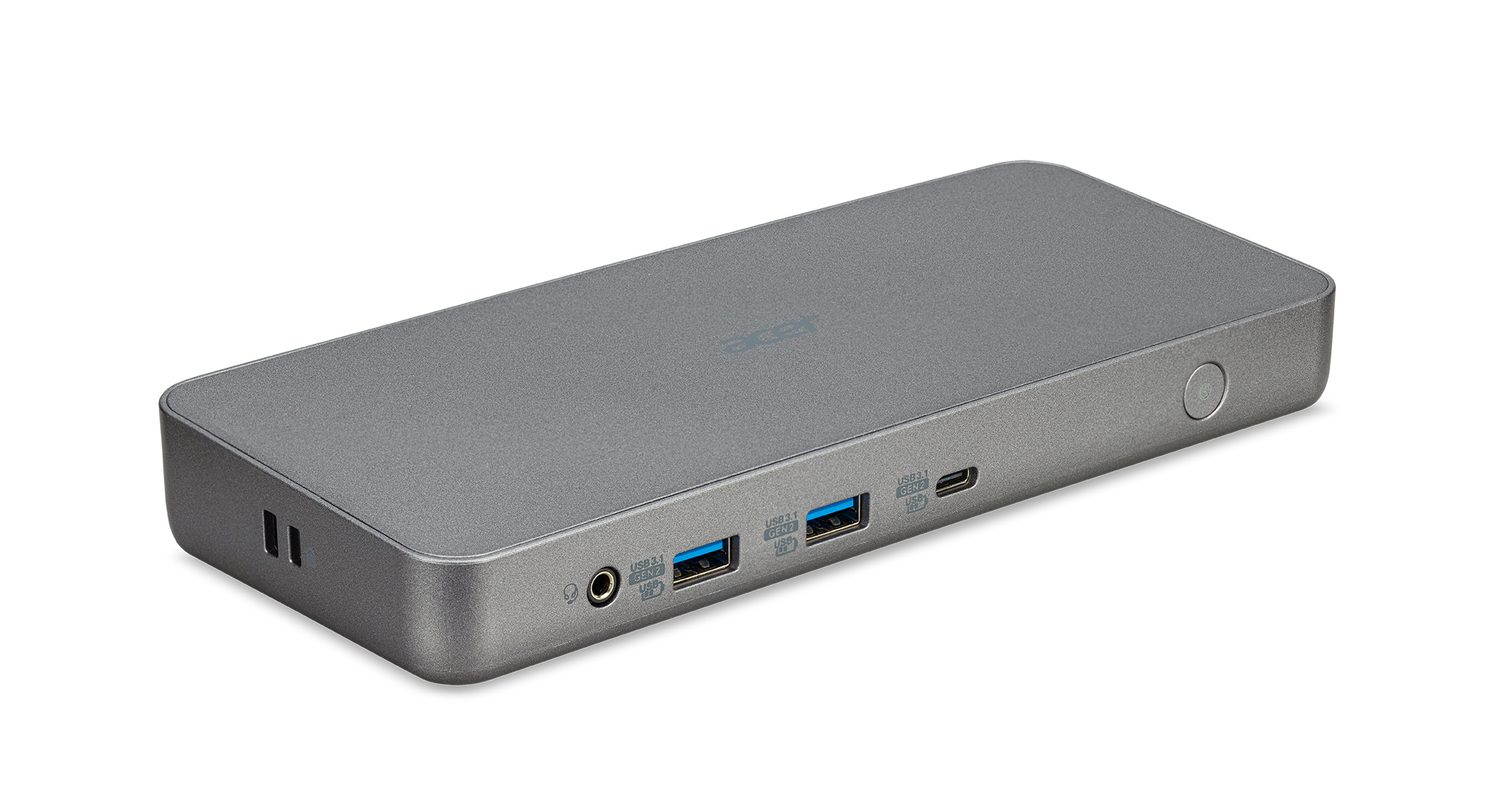 Zilveren Acer docking station met meerdere poorten, waaronder USB en audio. Witte achtergrond.