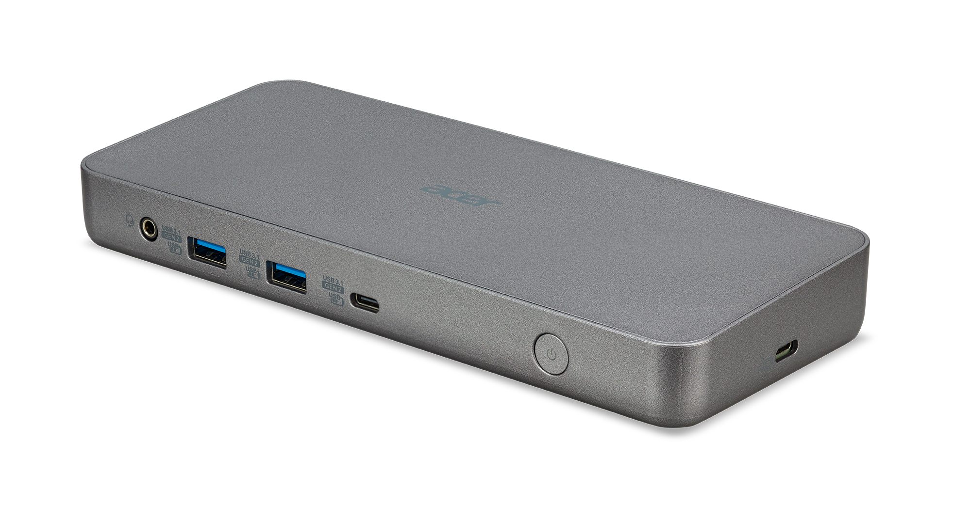 Grijze Acer docking station met meerdere poorten en een aan/uit-knop.
