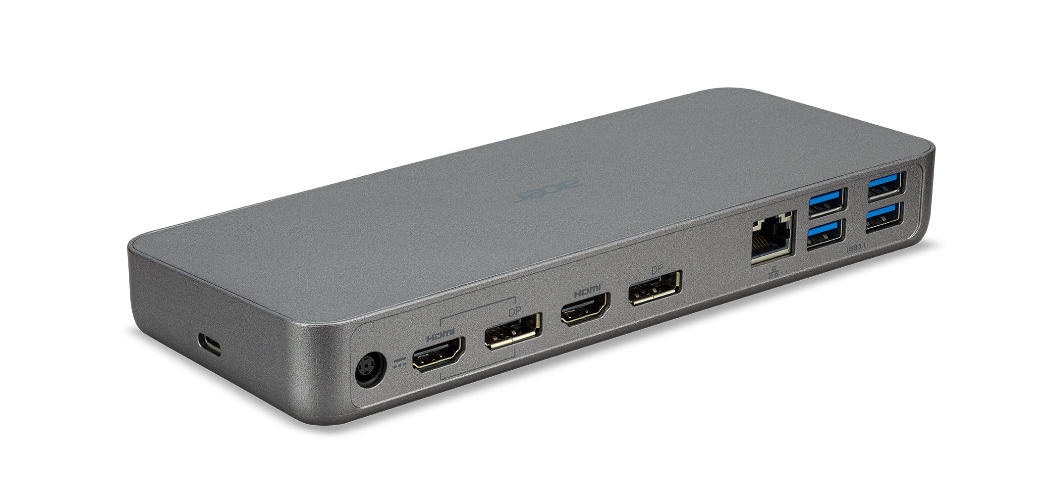 Grijze Acer docking station met meerdere poorten, waaronder HDMI, USB en Ethernet. Witte achtergrond.
