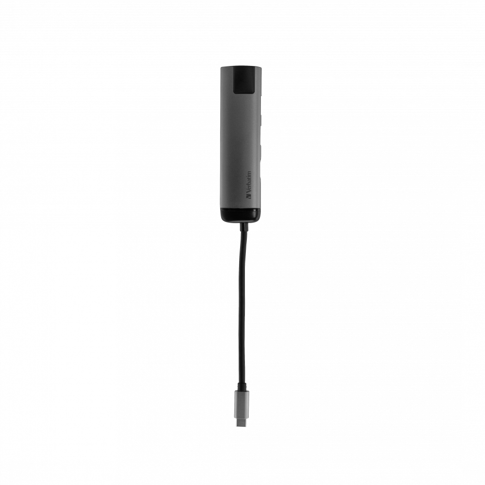 Grauer USB-C-Hub mit mehreren Anschlüssen. Hat ein schwarzes Kabel und ein Verbatim-Logo. Weißer Hintergrund.
