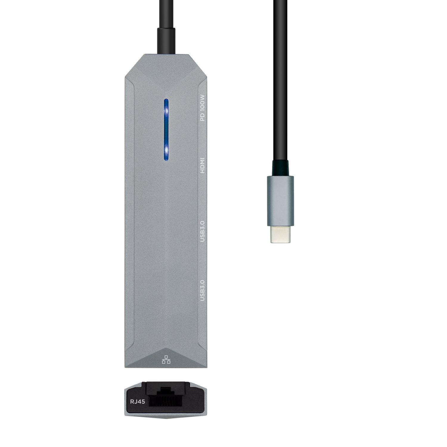 Adattatore USB-C grigio con porte HDMI, USB 3.0 e RJ45. Cavo nero collegato.