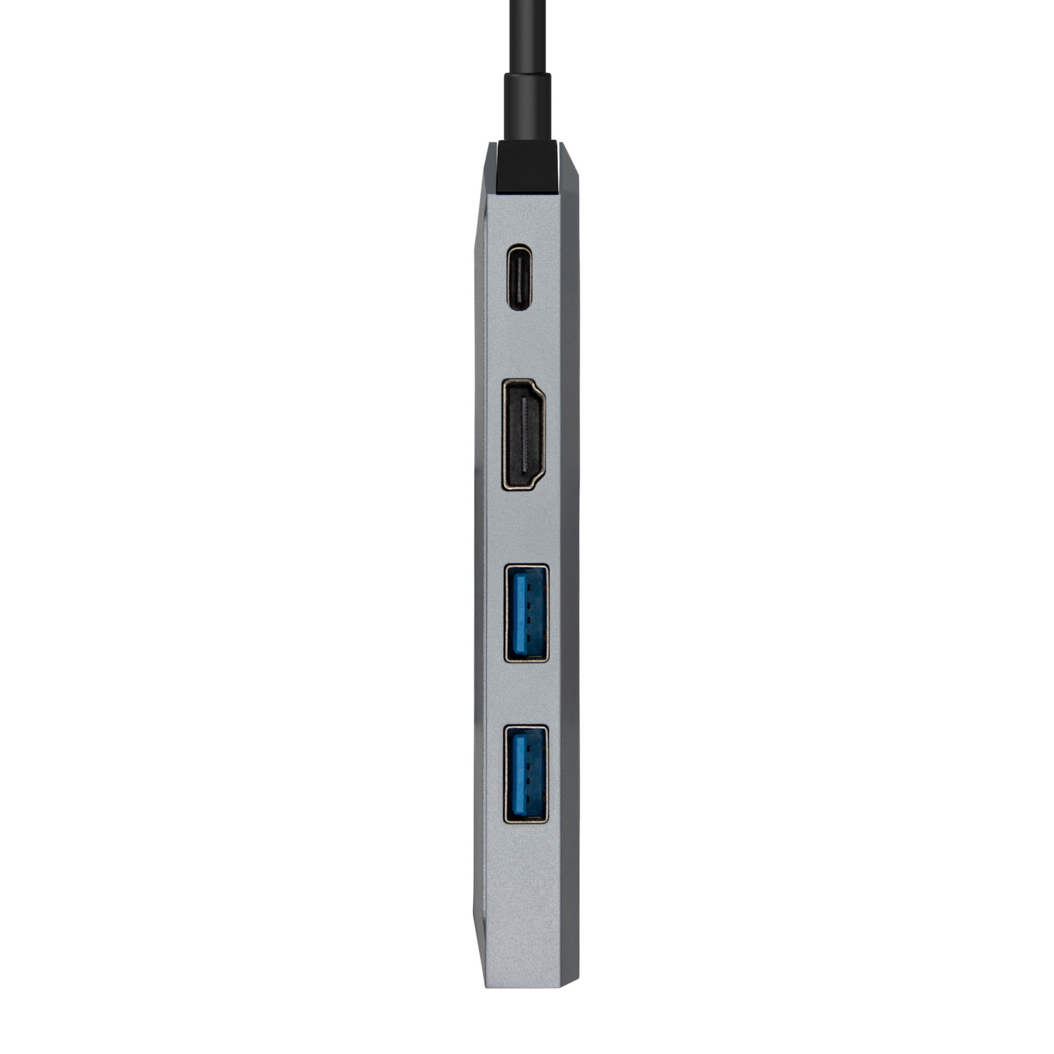 Un hub USB argentato con porte per USB, HDMI e USB-C. Un cavo nero si estende dall'hub.