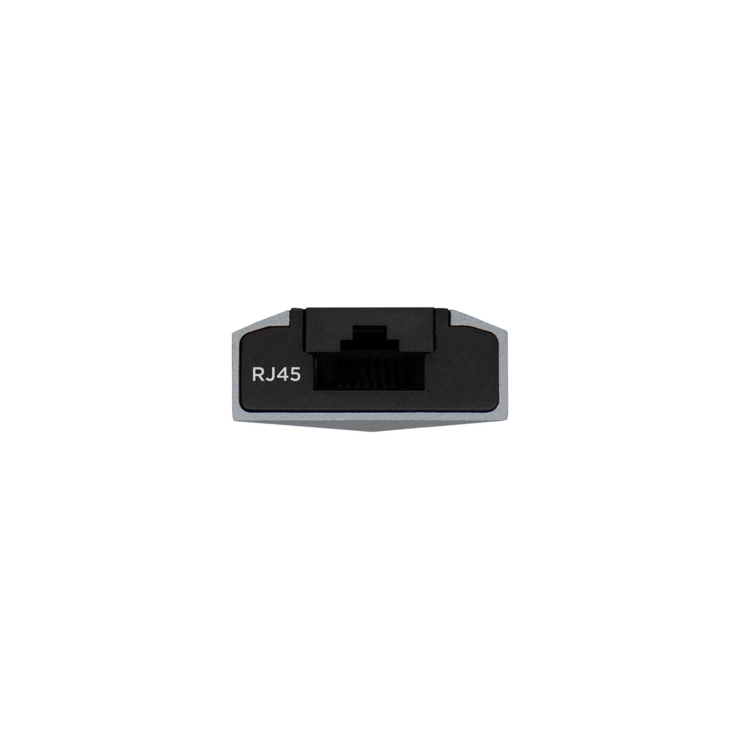 Connettore RJ45. Connettore nero in un alloggiamento argentato. Sfondo bianco.