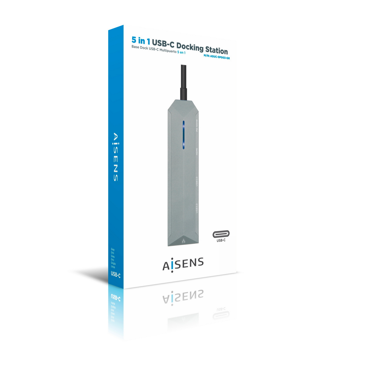 Una docking station USB-C 5 in 1 grigia, con una scatola bianca e un logo sullo sfondo.