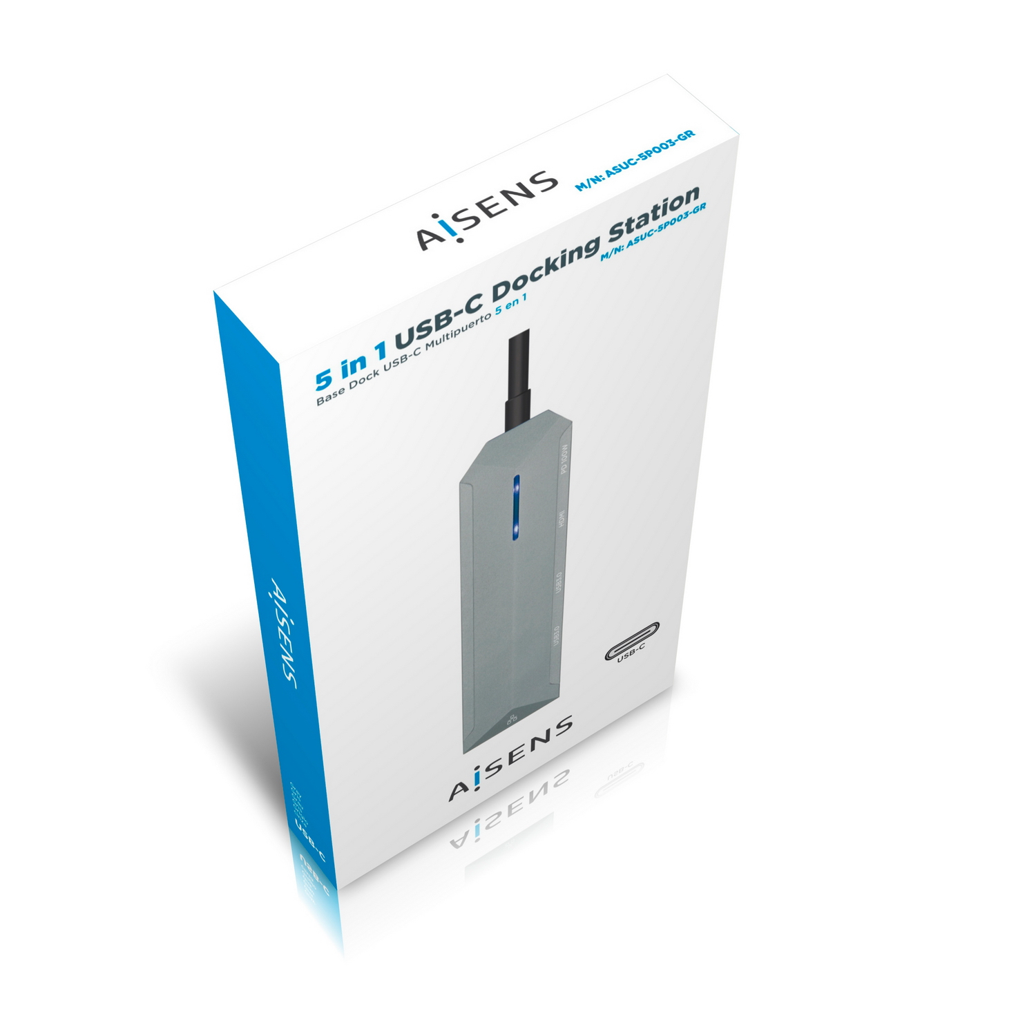 Scatola docking station USB-C 5 in 1. Dispositivo grigio, sfondo bianco, con logo Aisens.