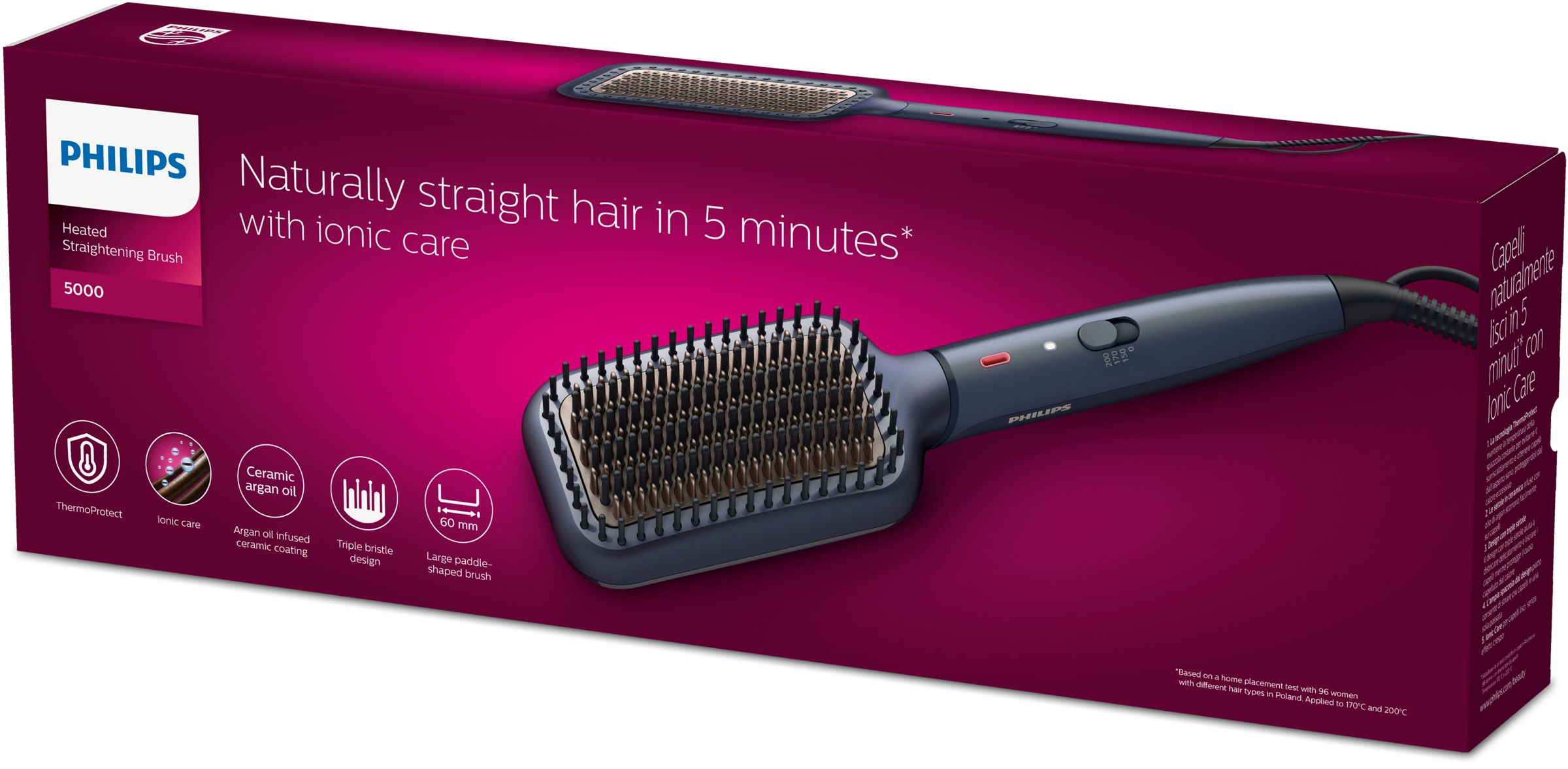 Philips Haarglättungsbürste Modell 5000 mit ionischer Pflege auf violettem Karton.