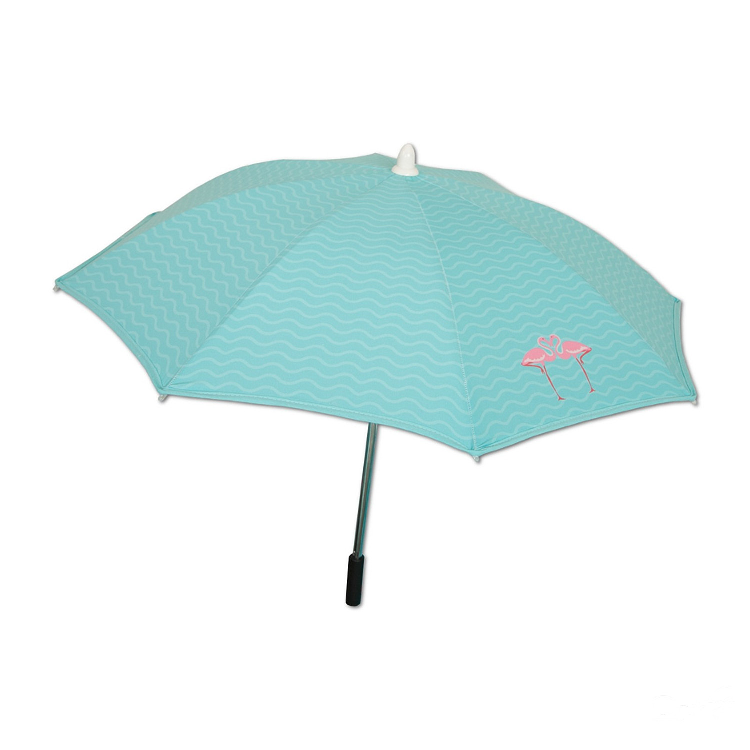 Paraguas turquesa abierto con diseño de flamenco rosa. Fondo blanco.