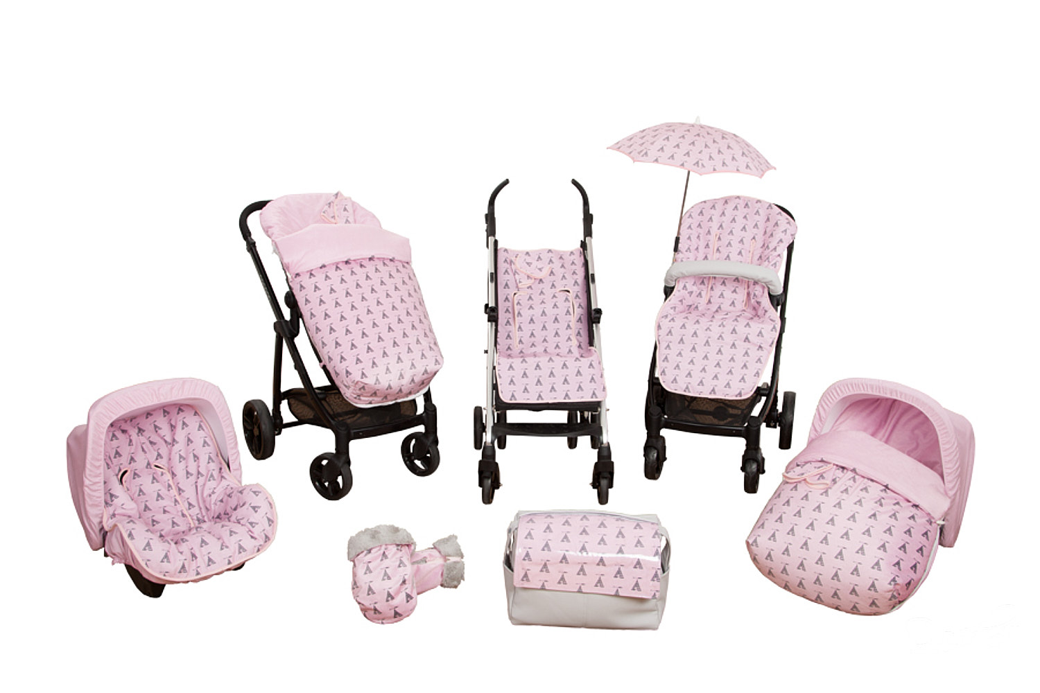 Un conjunto de accesorios para bebés rosas: cochecito, asiento de coche, cochecito, paraguas y otros artículos con patrón.