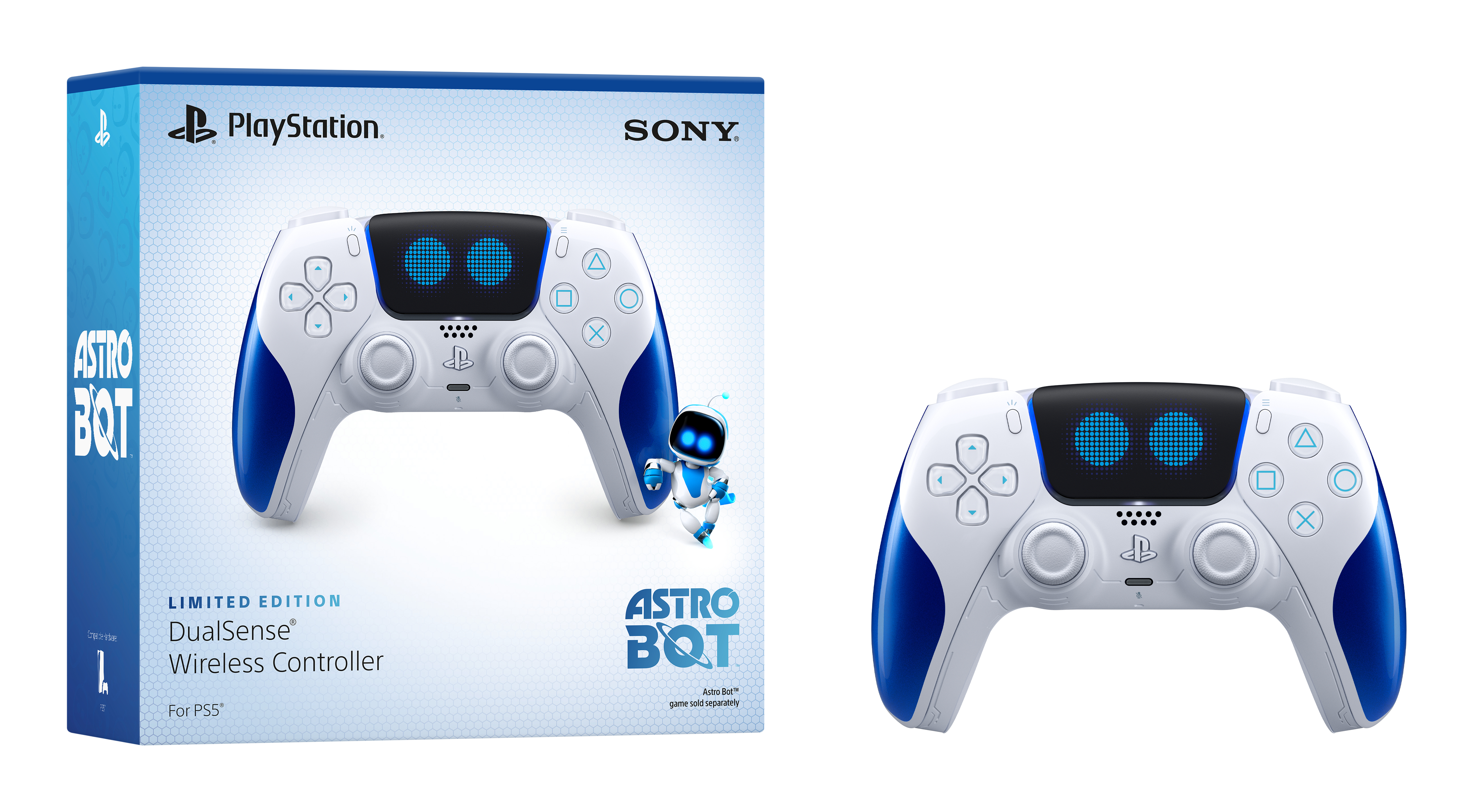 Kutulu PlayStation DualSense kontrolcüsü, beyaz ve mavi tasarım, Astro Bot. Beyaz ve kontrolcü.