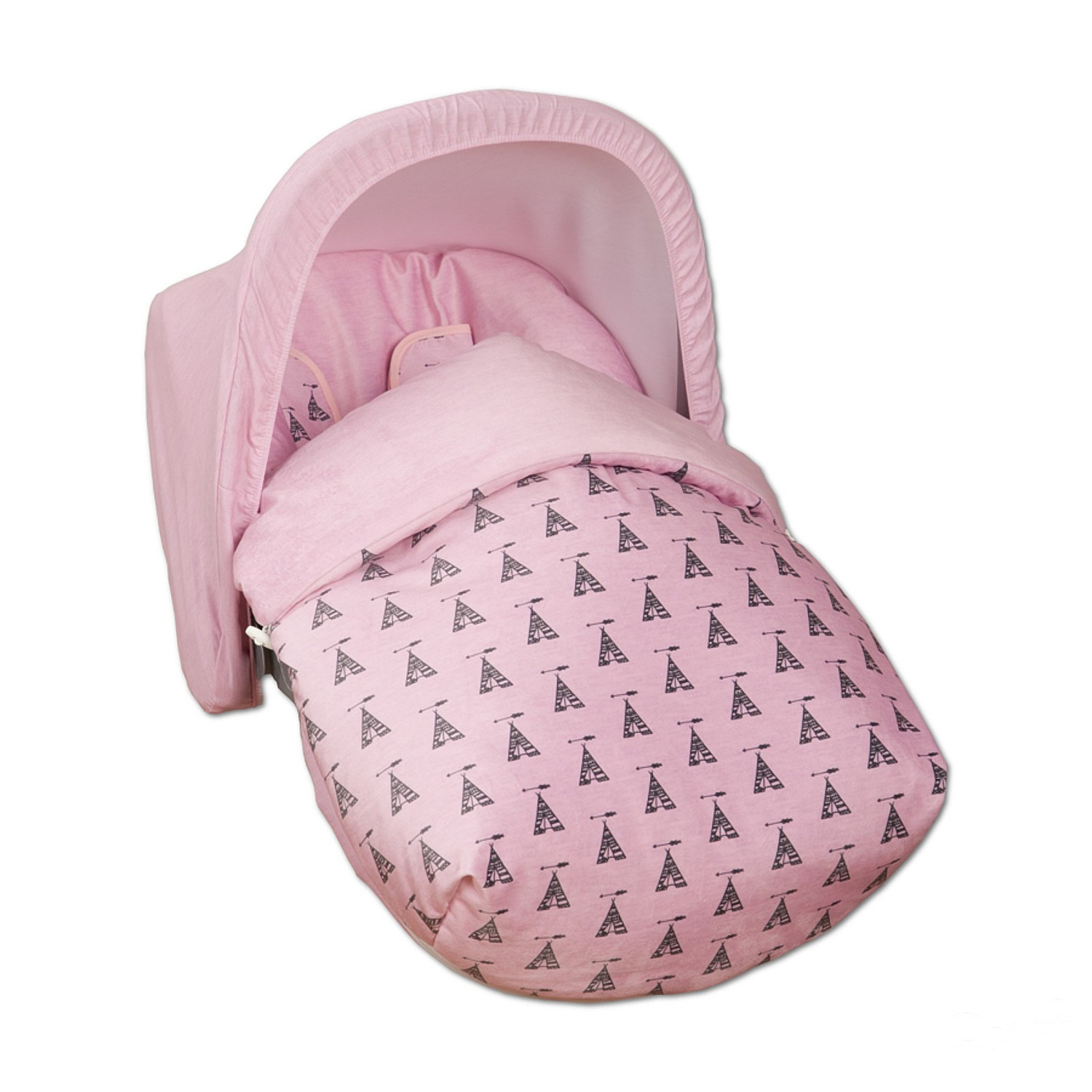 Portabebés rosa con capucha rosa. El portabebés tiene un estampado de la Torre Eiffel.