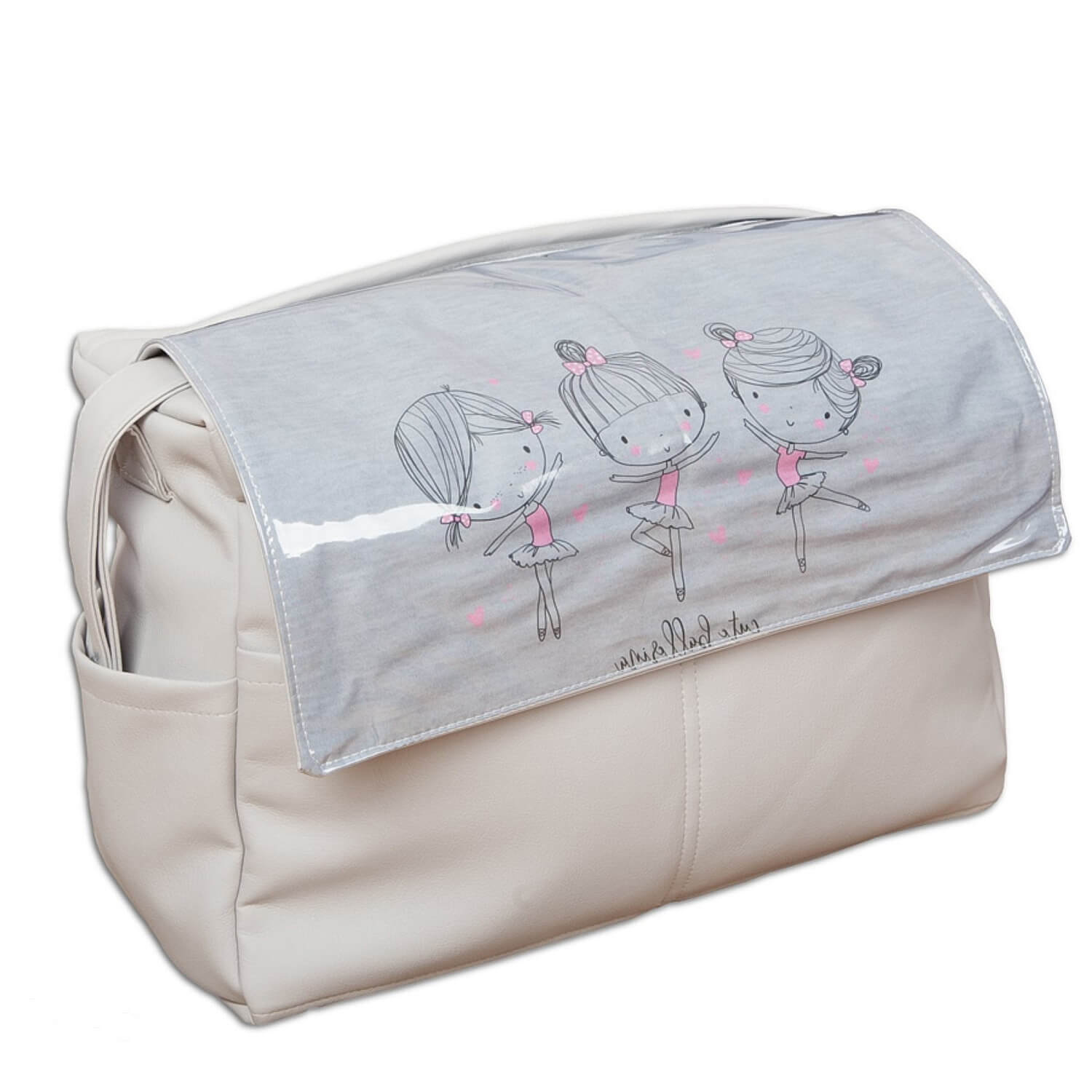 Bolso de pañales color crema con diseño de bailarina en solapa. Fondo blanco.