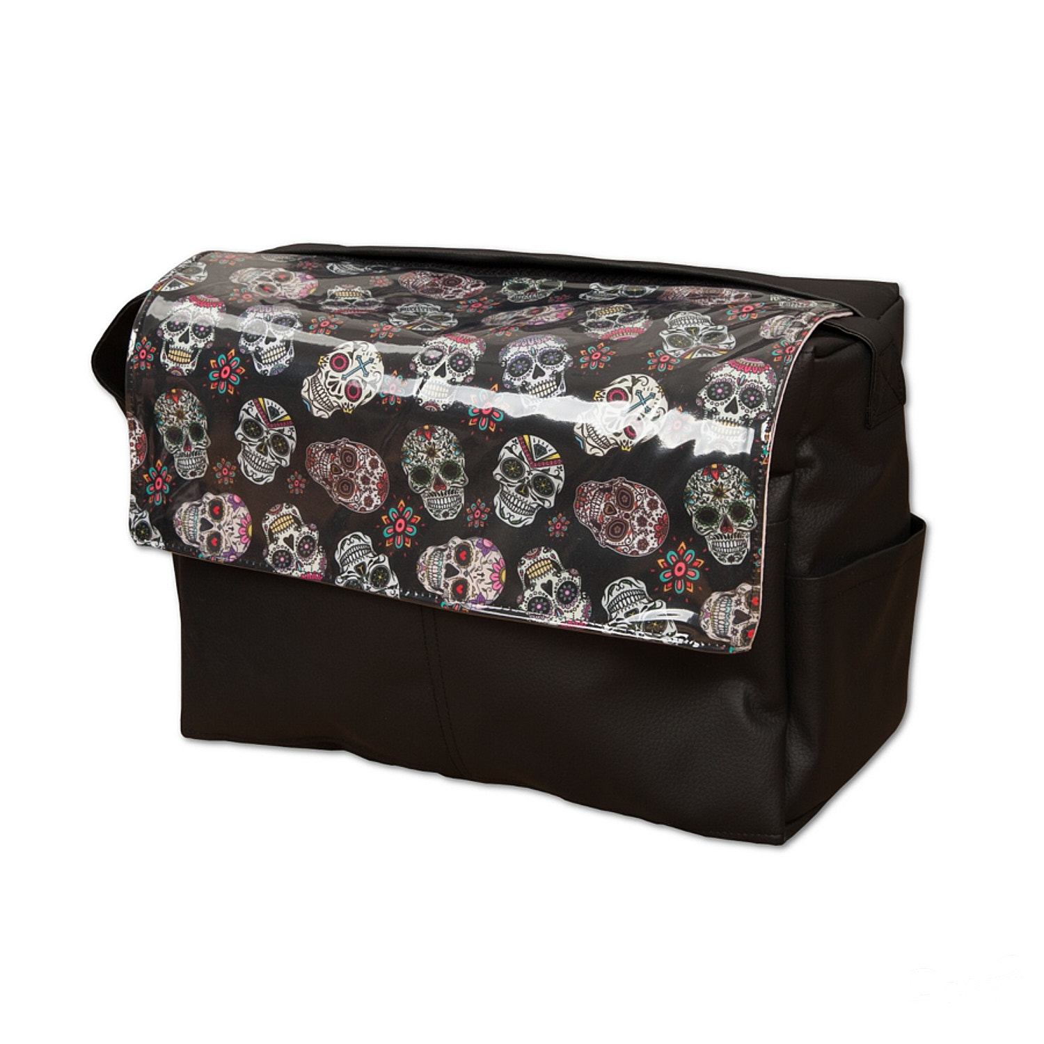 Bolso de bebé negro con diseño de calavera de azúcar. Bolso negro con tapa transparente con diseño de calavera de azúcar.