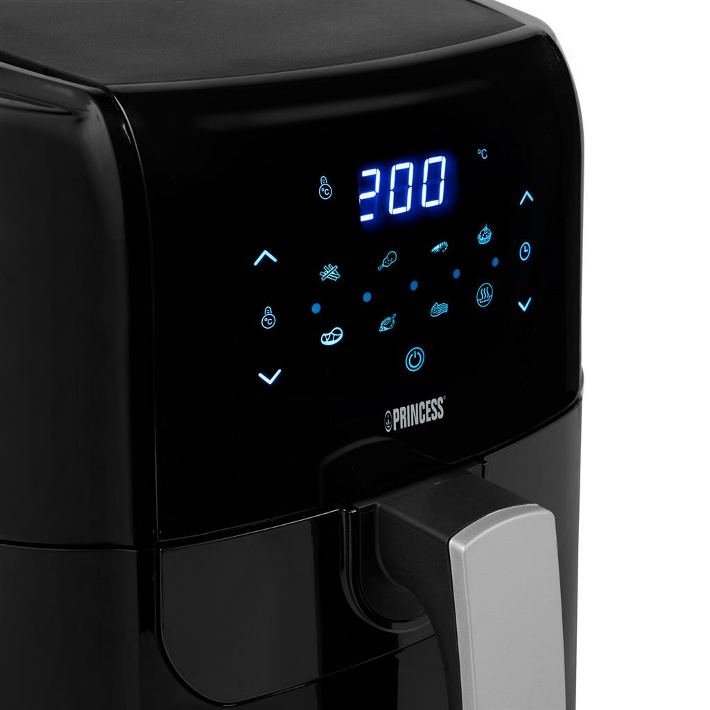 Friggitrice ad aria nera con display digitale che mostra 200 gradi. Ci sono pulsanti sul davanti.