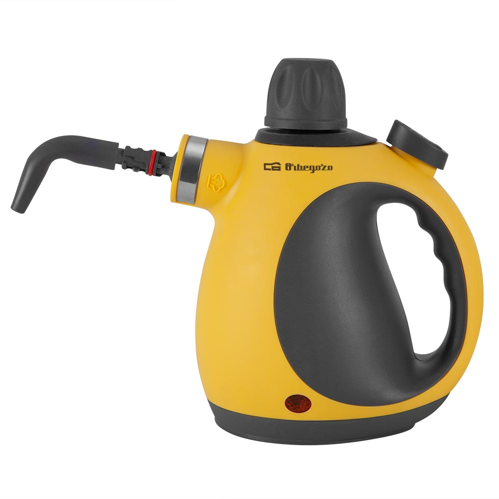 Żółto-czarny parownik z czarnym uchwytem i dyszą. Widoczna nazwa marki.