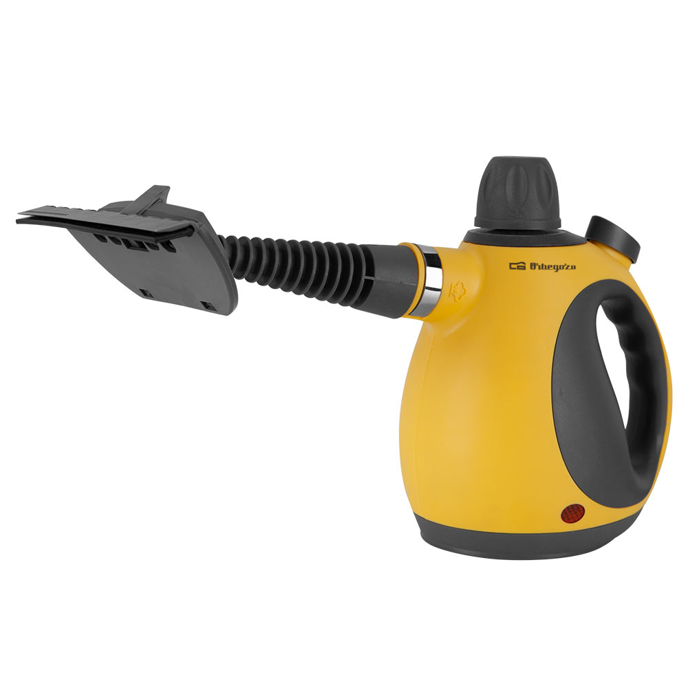 Żółta ręczna myjka parowa z czarnymi akcentami i dyszą. Białe tło.