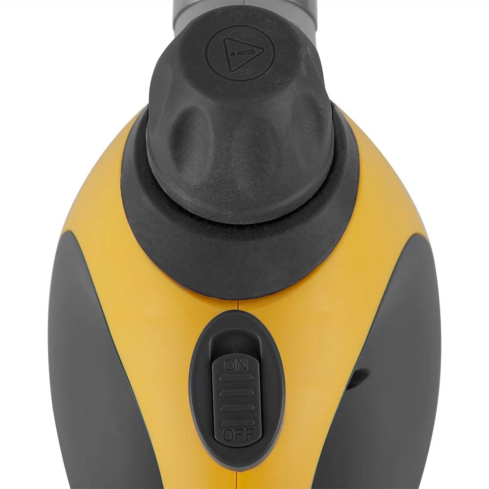 Zbliżenie żółto-szarego urządzenia z włącznikiem/wyłącznikiem.