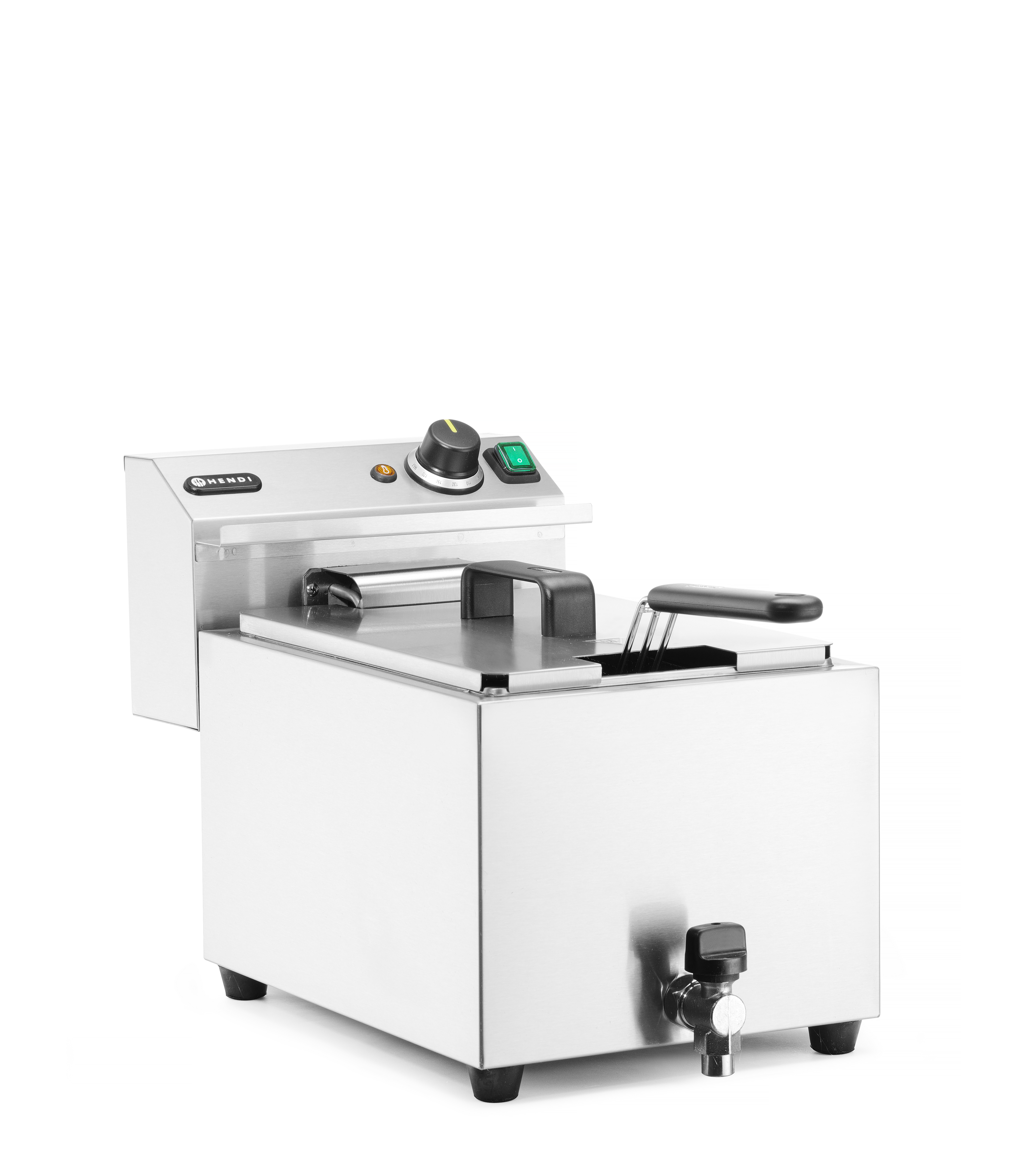 Eine kleine Edelstahl-Fritteuse mit einem einzigen Fach und einem Drehknopf. Weißer Hintergrund.