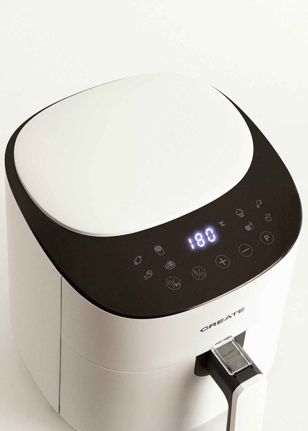 Weißer Airfryer mit Digitalanzeige 180. Schwarz-weißes Design. Knöpfe sind sichtbar.