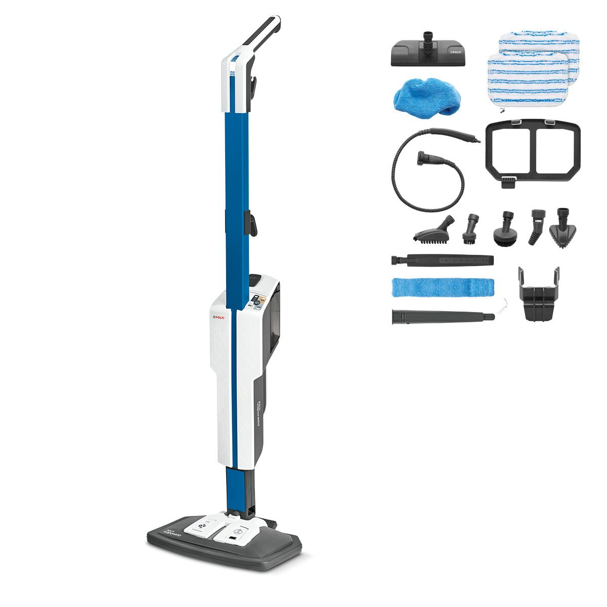 Pionowy odkurzacz parowy z niebiesko-białym schematem kolorów, różne załączniki i akcesoria.