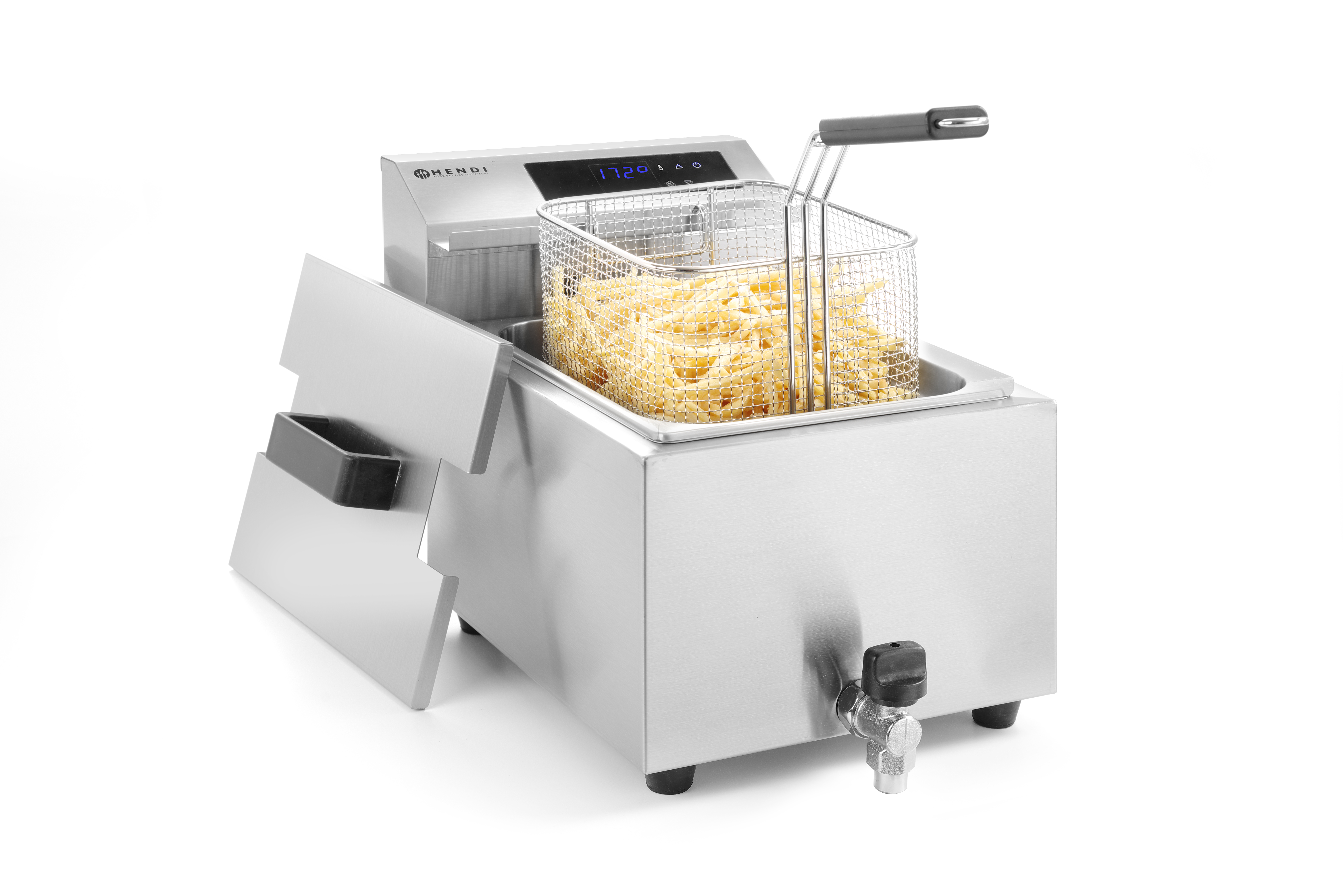 Edelstahl-Fritteuse mit Pommes-Korb, Digitalanzeige und Wasserhahn.