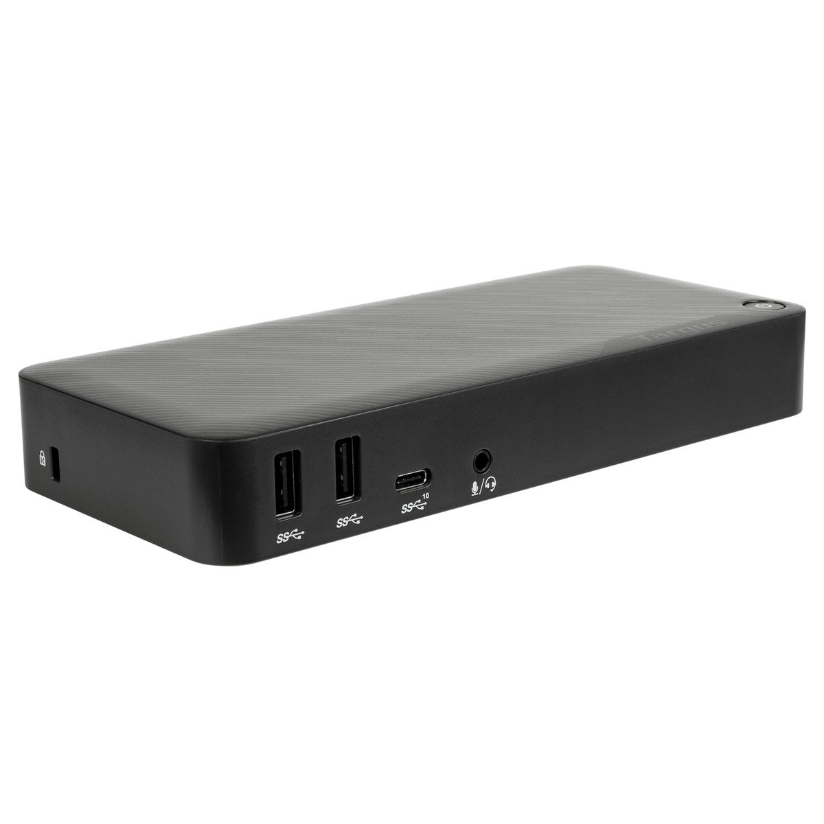 Docking station Targus nera. Dispone di porte USB, un jack per cuffie e altre porte. Si trova su sfondo bianco.