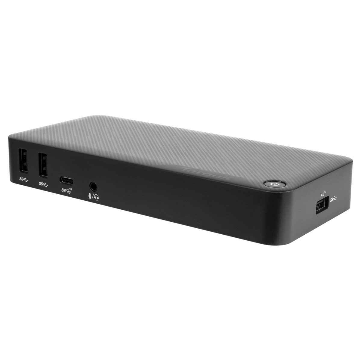 Stazione di docking nera con porte: USB, audio e alimentazione, su una superficie bianca.