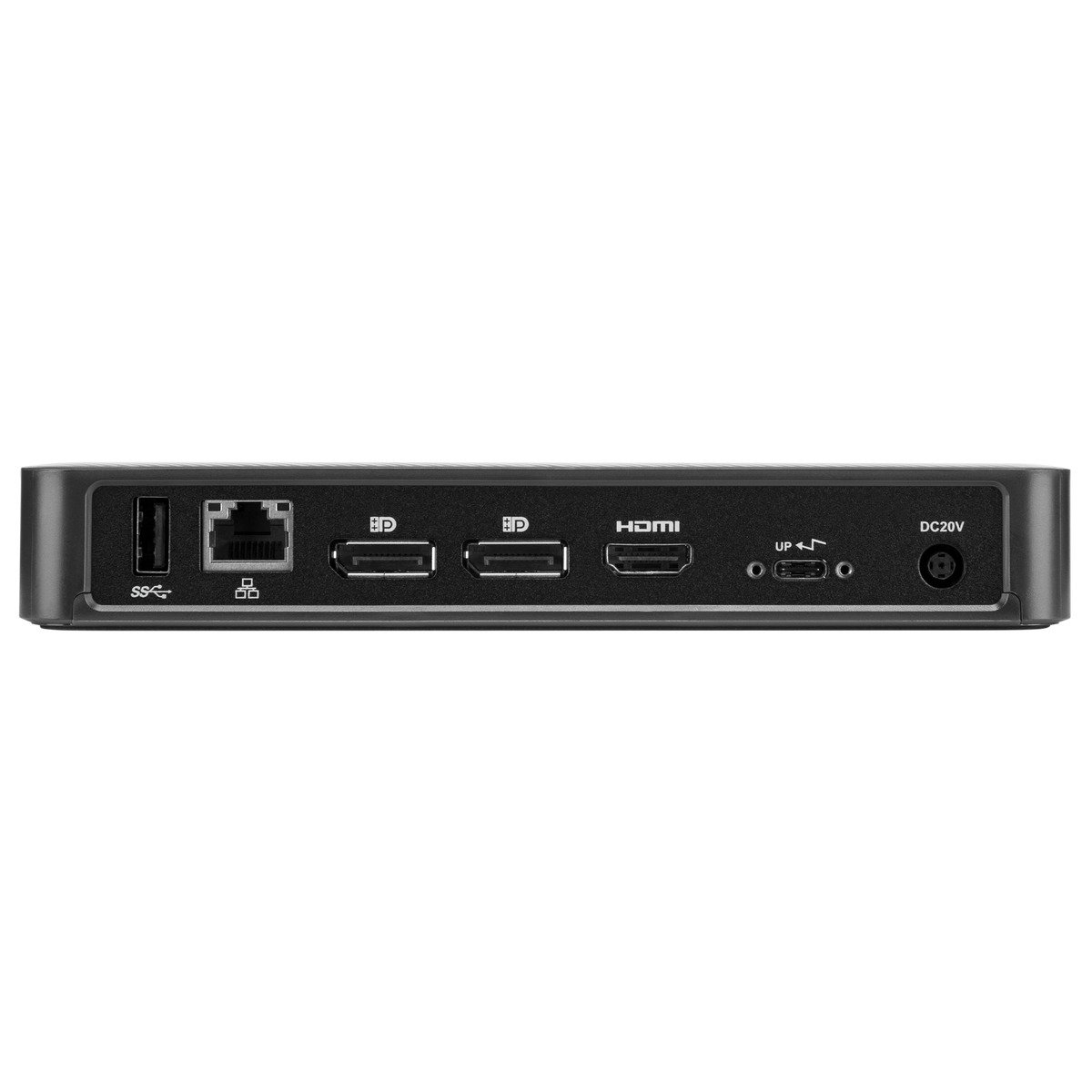 Retro del dispositivo nero. Le porte includono USB, HDMI ed Ethernet.