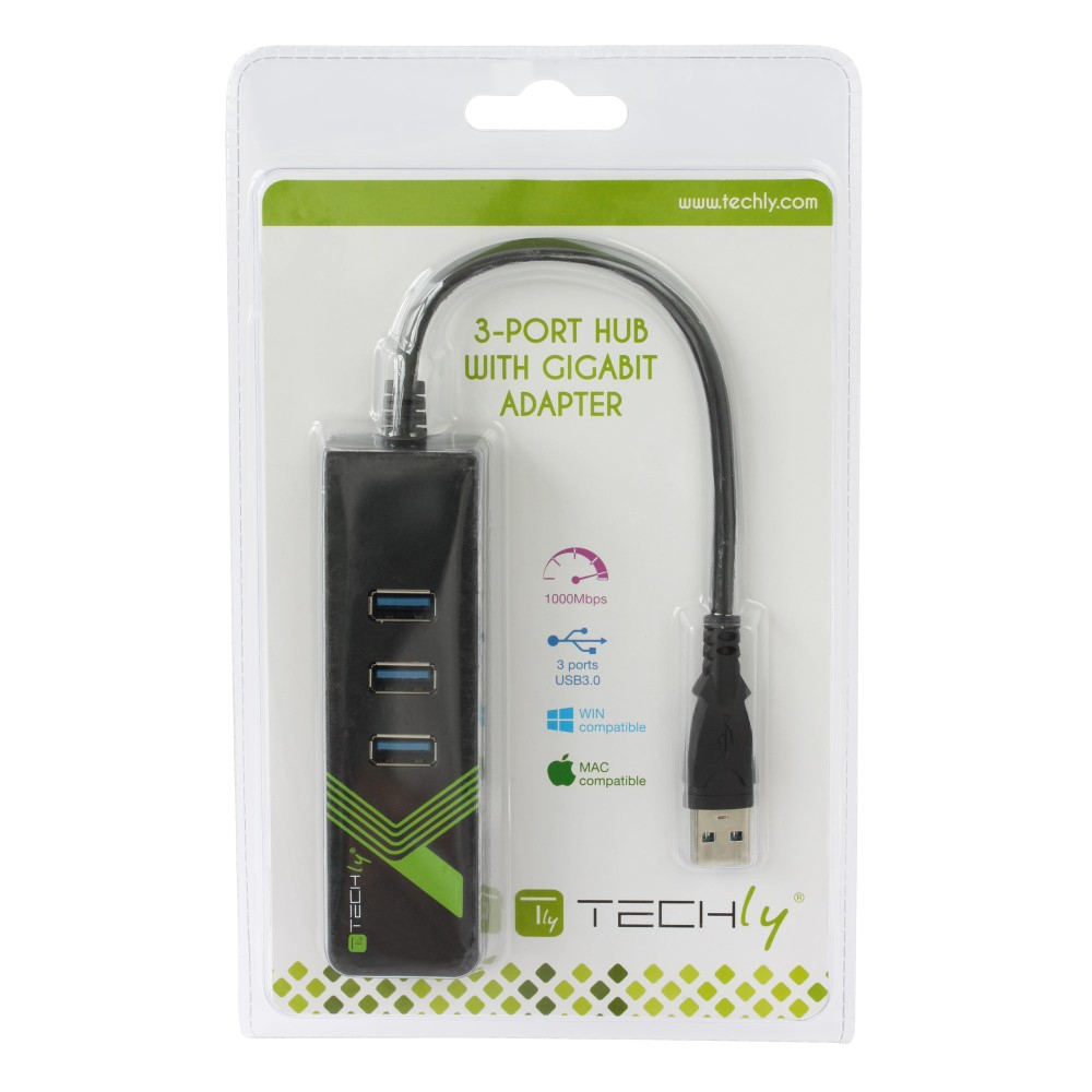 Schwarzer 3-Port-USB-Hub mit Gigabit-Adapter. Schwarzes Kabel und Stecker. Weißer Hintergrund.