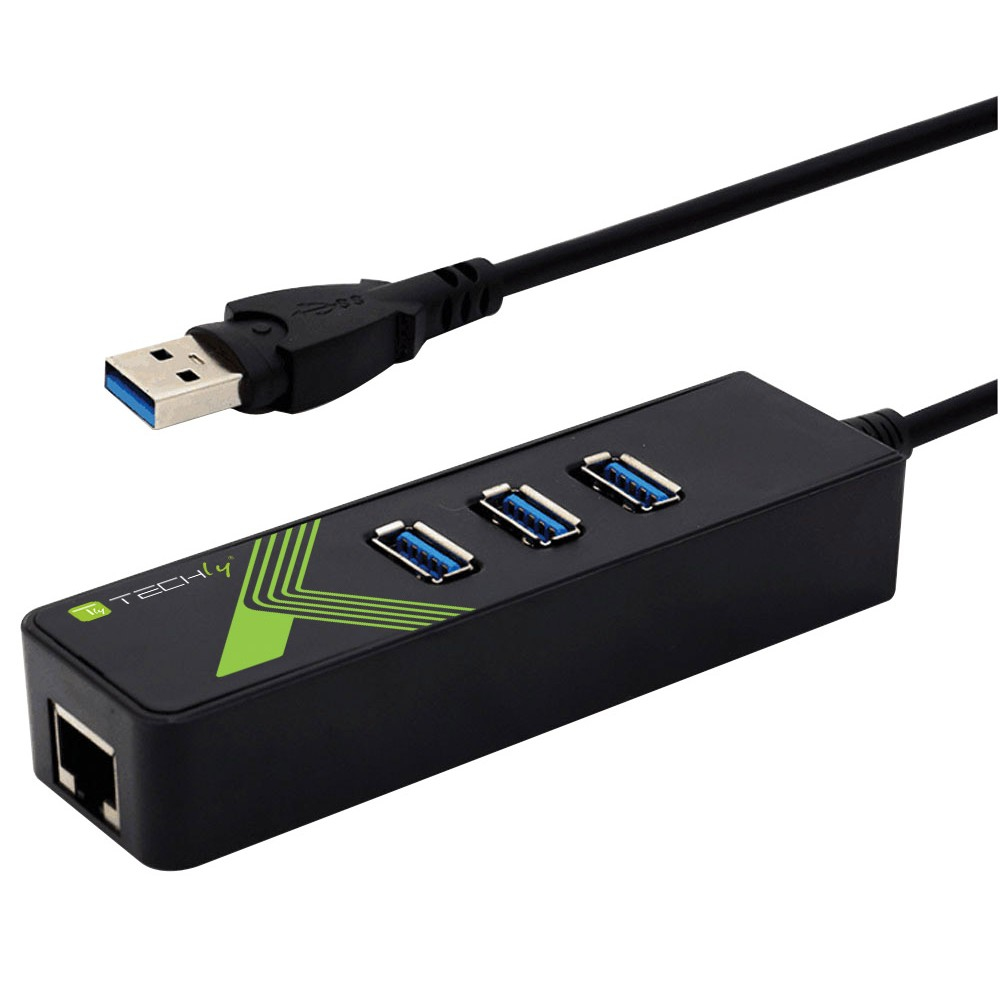 Schwarzer USB-Hub mit drei Anschlüssen und einem USB-Kabel. Der Hub hat einen grünen Akzent.