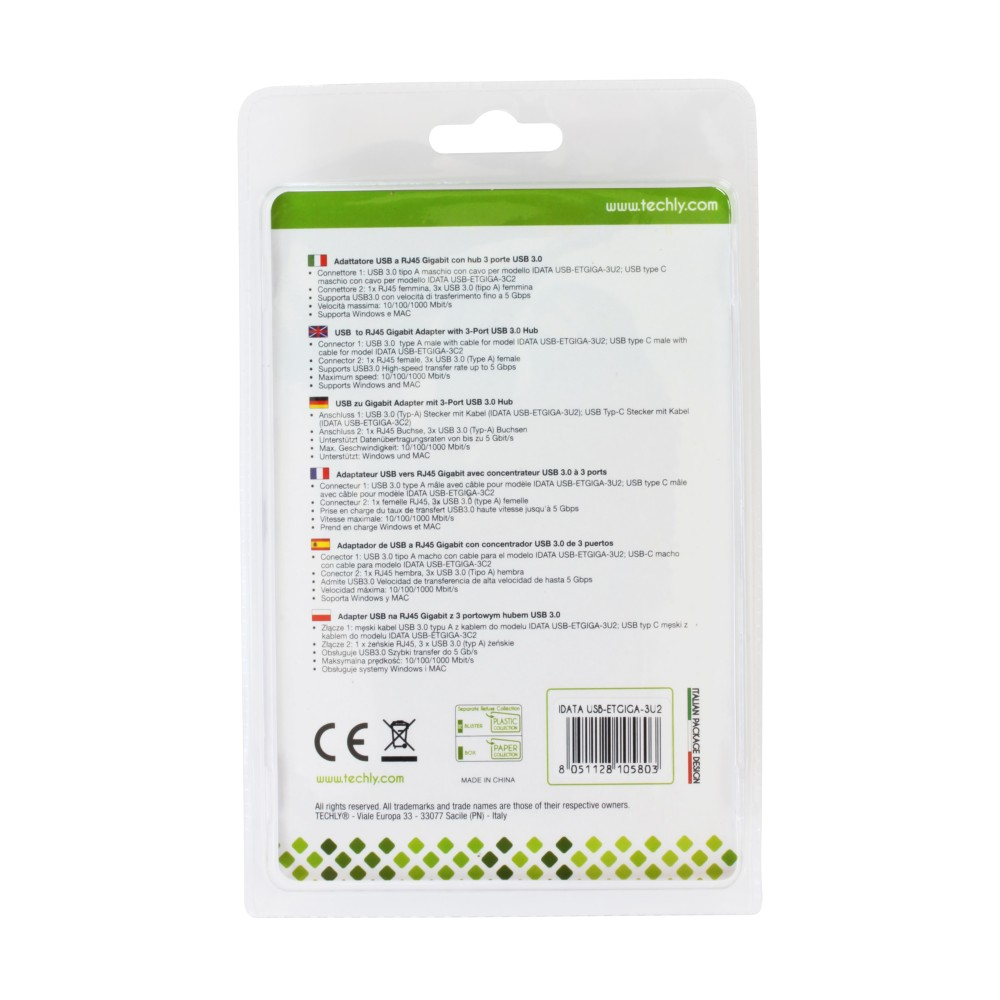 Eine Produktverpackung mit Text in mehreren Sprachen, die einen USB-Hub mit mehreren Anschlüssen zeigt.