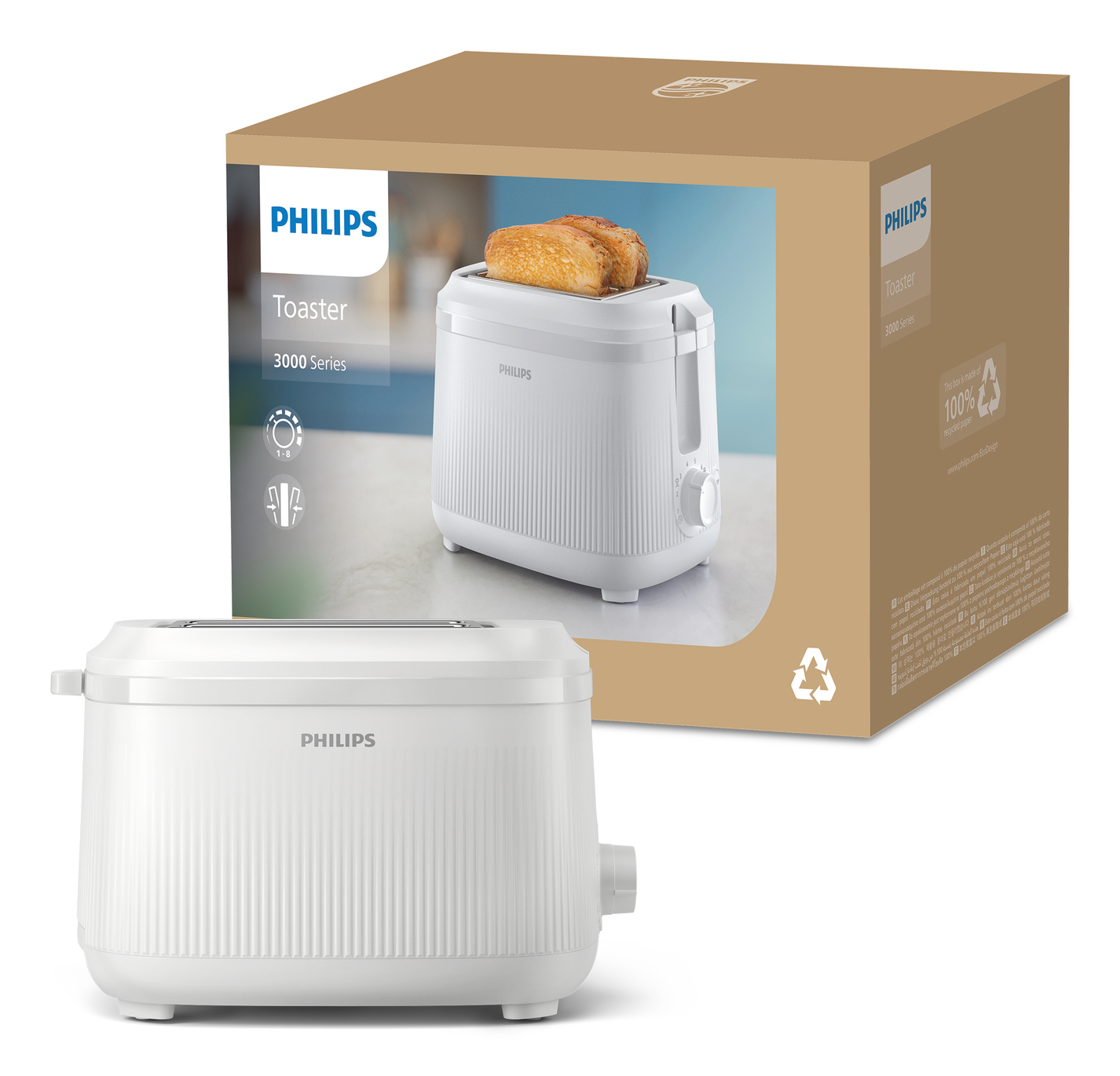 Weißer Philips Toaster und Karton mit Toastbild.
