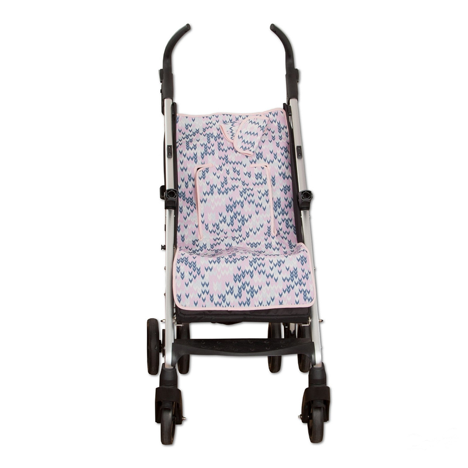 Cochecito de bebé con asiento estampado en rosa y azul. El marco es plateado.