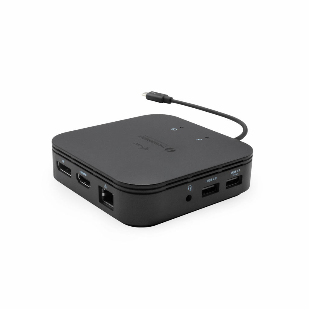 Stazione docking I-tec nera con varie porte e un cavo USB-C collegato.