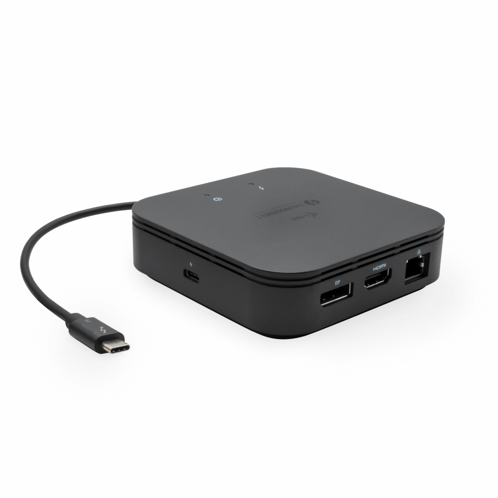 Stazione di ancoraggio nera con più porte e un cavo USB-C, isolata su sfondo bianco.