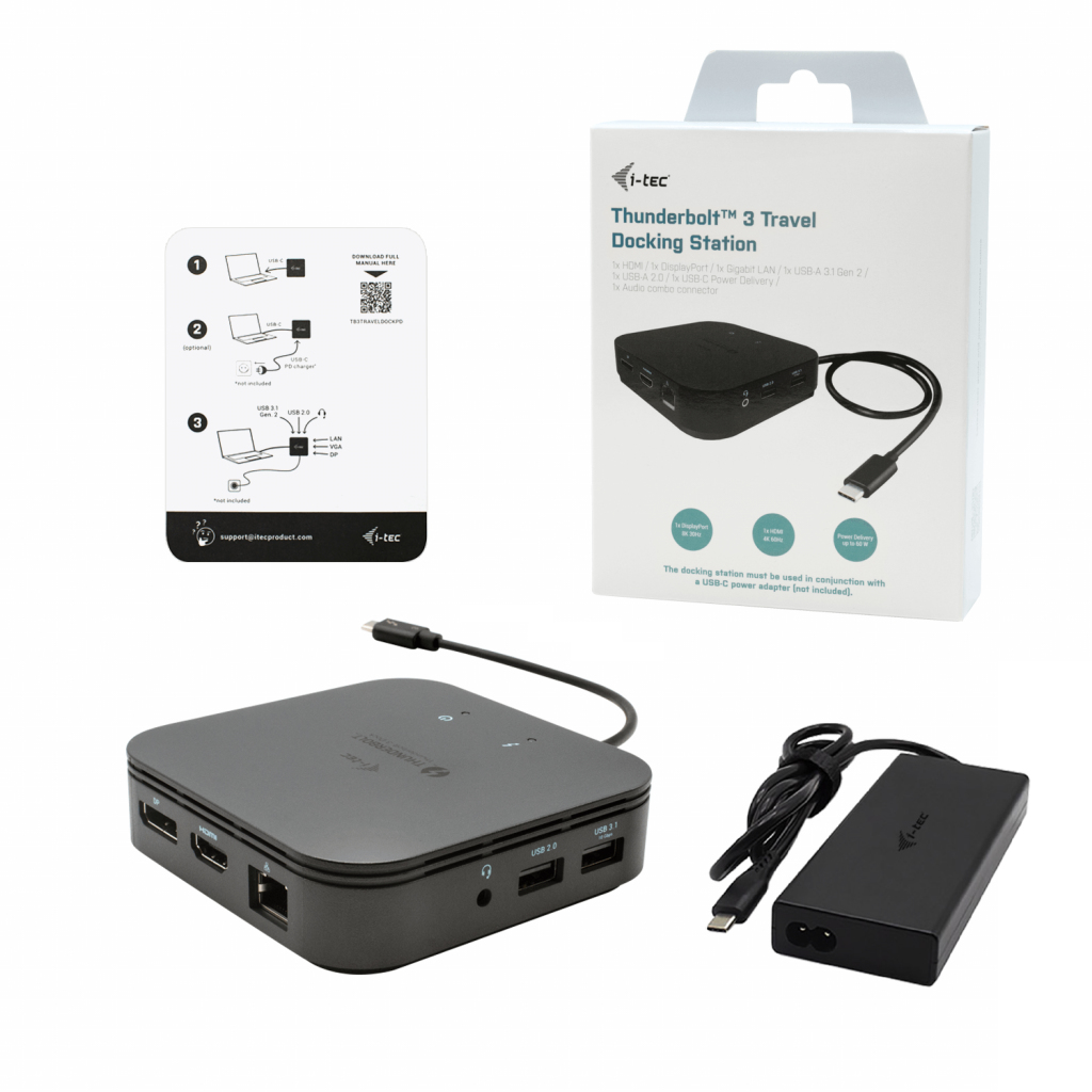 Una docking station con caricabatterie, scatola e diagramma di connettività.