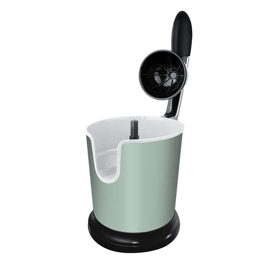 Utensile da cucina verde chiaro con manico nero su bianco.