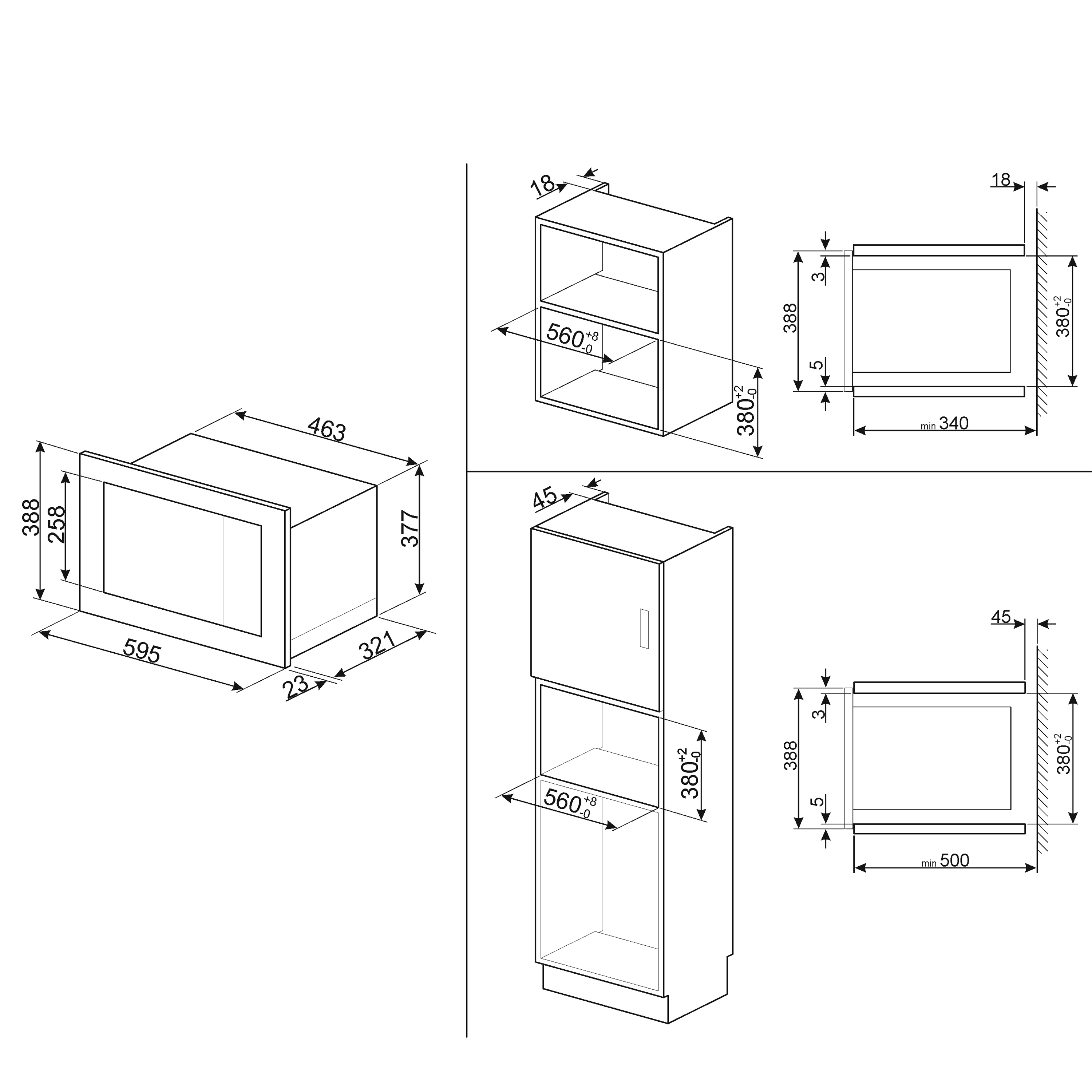Rysunek techniczny kuchenki mikrofalowej z wymiarami i dwiema opcjami szafek do montażu.