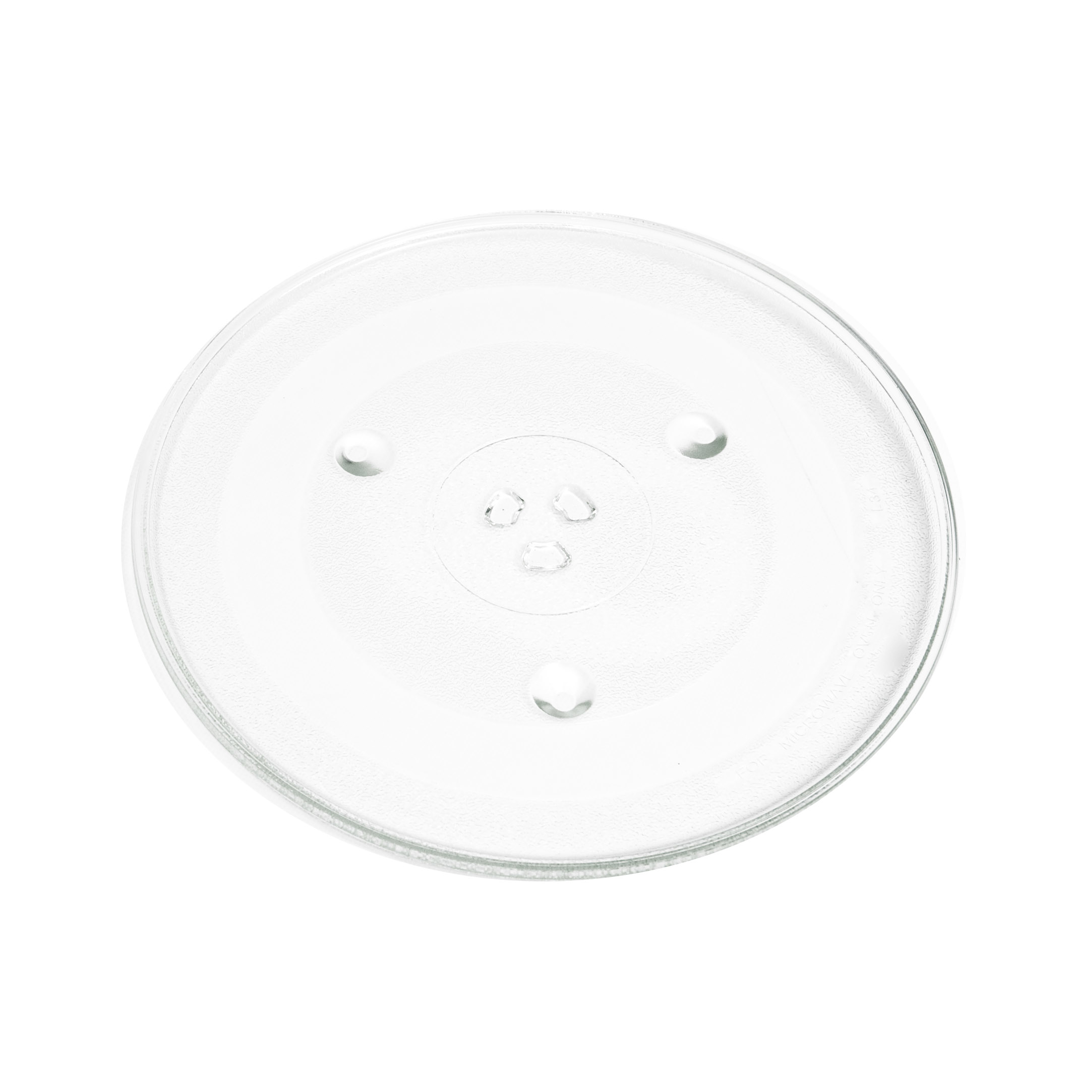Een heldere, cirkelvormige magnetronplaat op een witte achtergrond.
