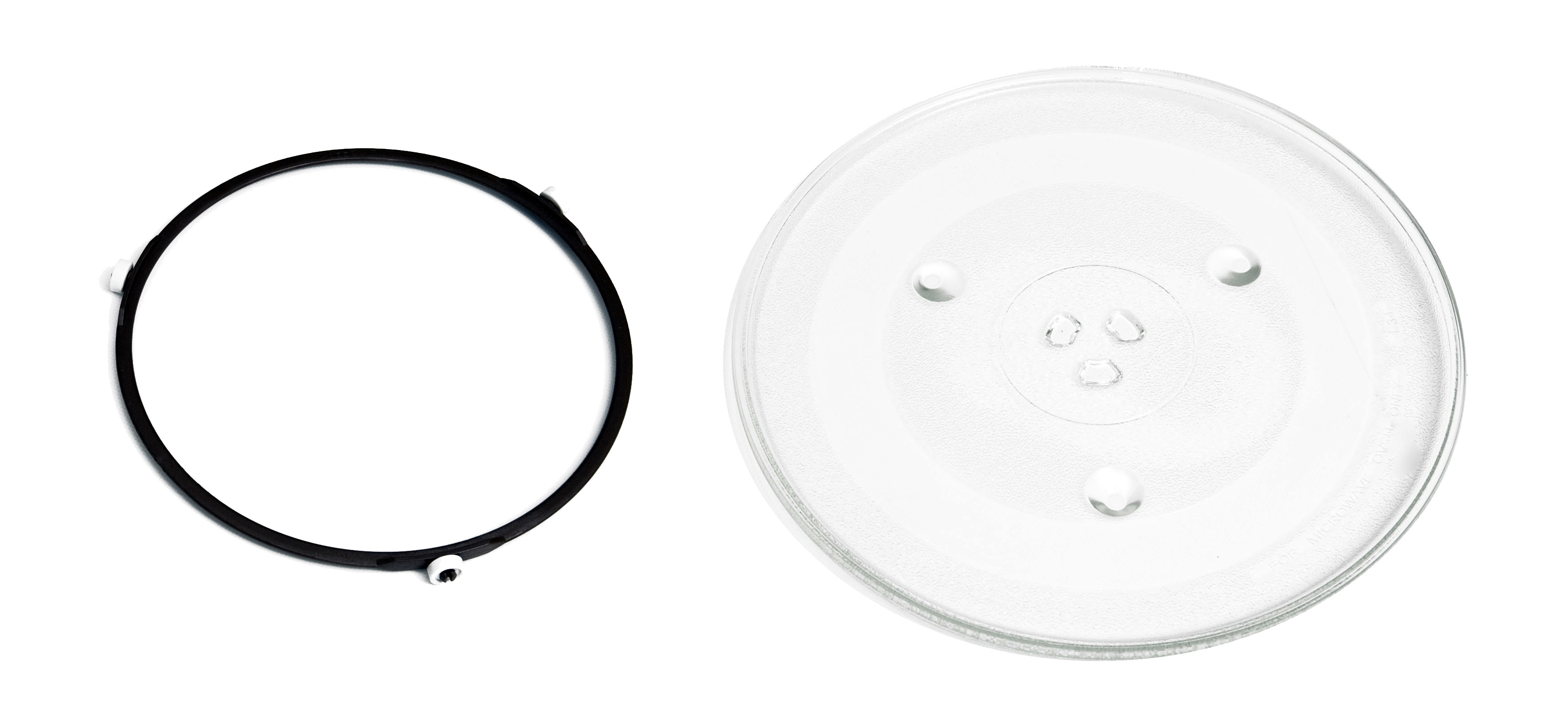 Twee magnetrononderdelen: een roterende glazen plaat en een zwarte ring. Witte achtergrond.