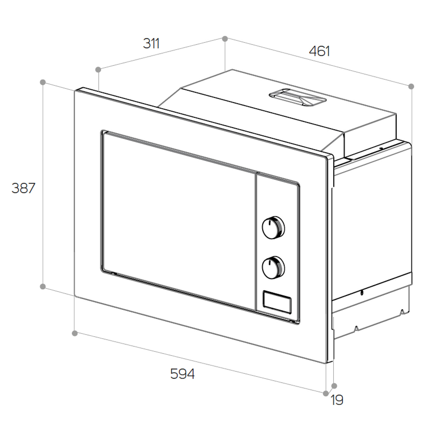 Diagrama de horno microondas, mostrando dimensiones. Fondo blanco.